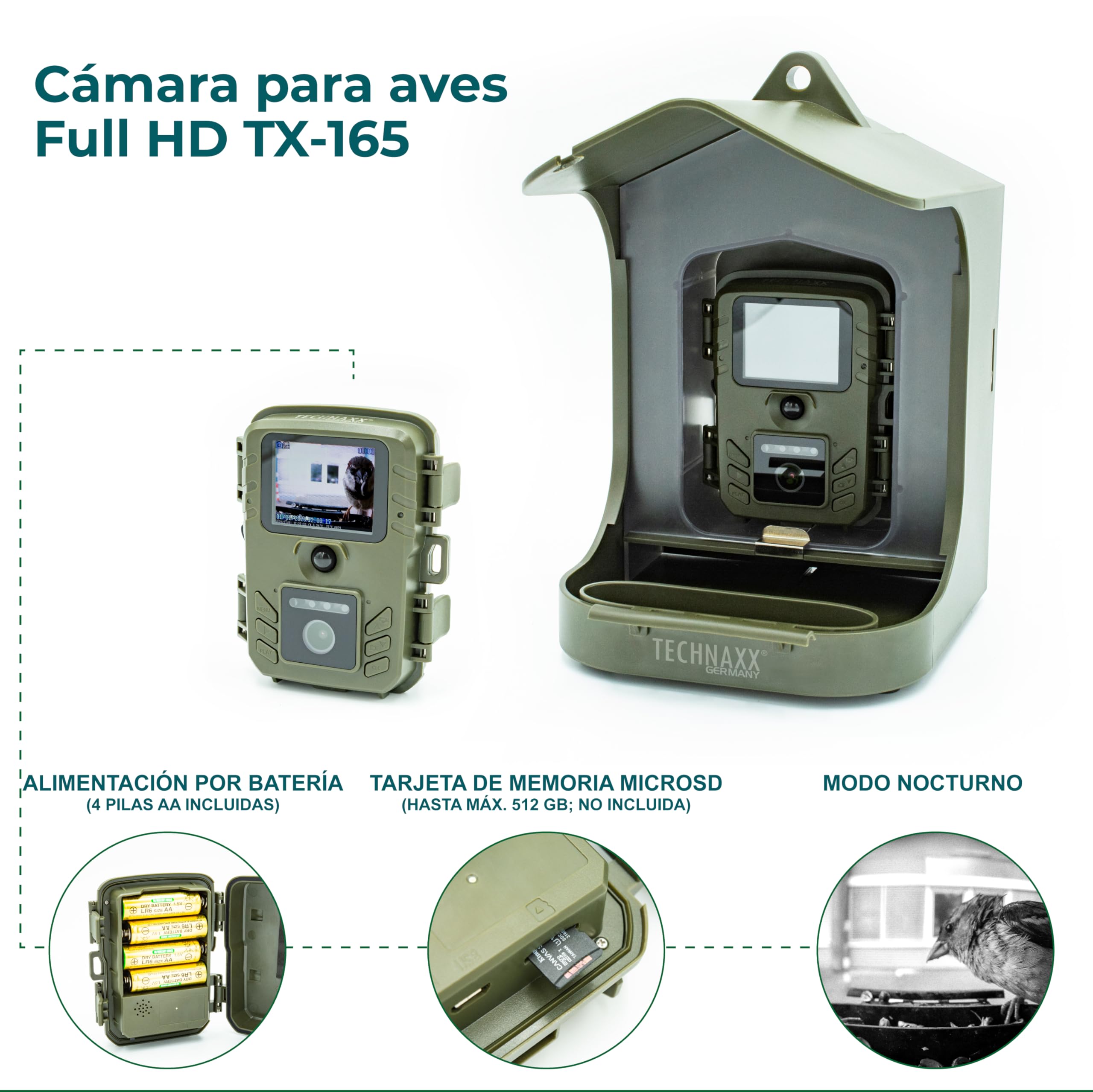 Technaxx Estación de la cámara del alimentador del pájaro de Technaxx con el convite Que cuelga, Caja de 150 g para el alimento y - resolución Video de FullHD - Kit versátil de la instalación TX-165