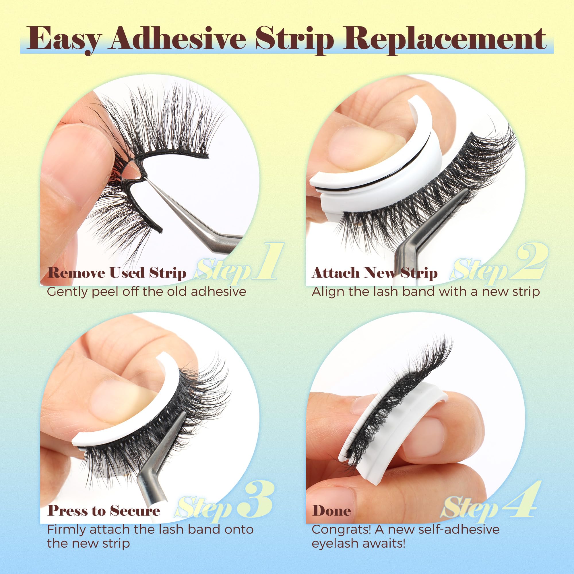 LASHVIEW Self Adhesive Eyelashes, 5 Pairs Natural Look Press On Lashes No Glue Need Eyelashes Reusable Cat Eye Wispy Self-adhesive False Lashes with Replacement Adhesive Strips (C122)