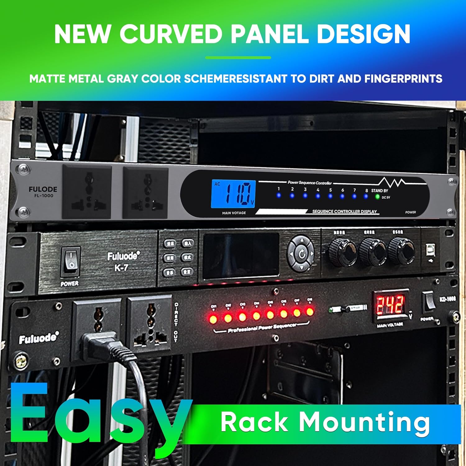 2000W 10 Socket Sequential Rack Professional Audio Power Conditioning ，Digital Voltmeter, USB, Surge Protector for Home Theater Stage/Studio (FL-1000).