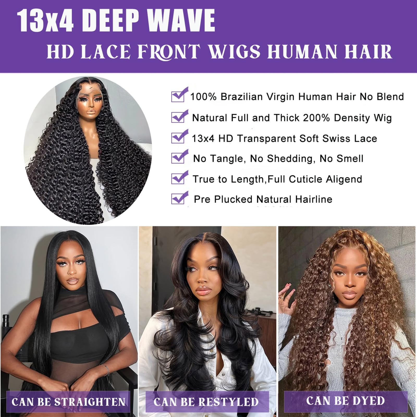 Momaksa 13x4 Deep Wave Human Hair Lace Front Wig, 200% Density