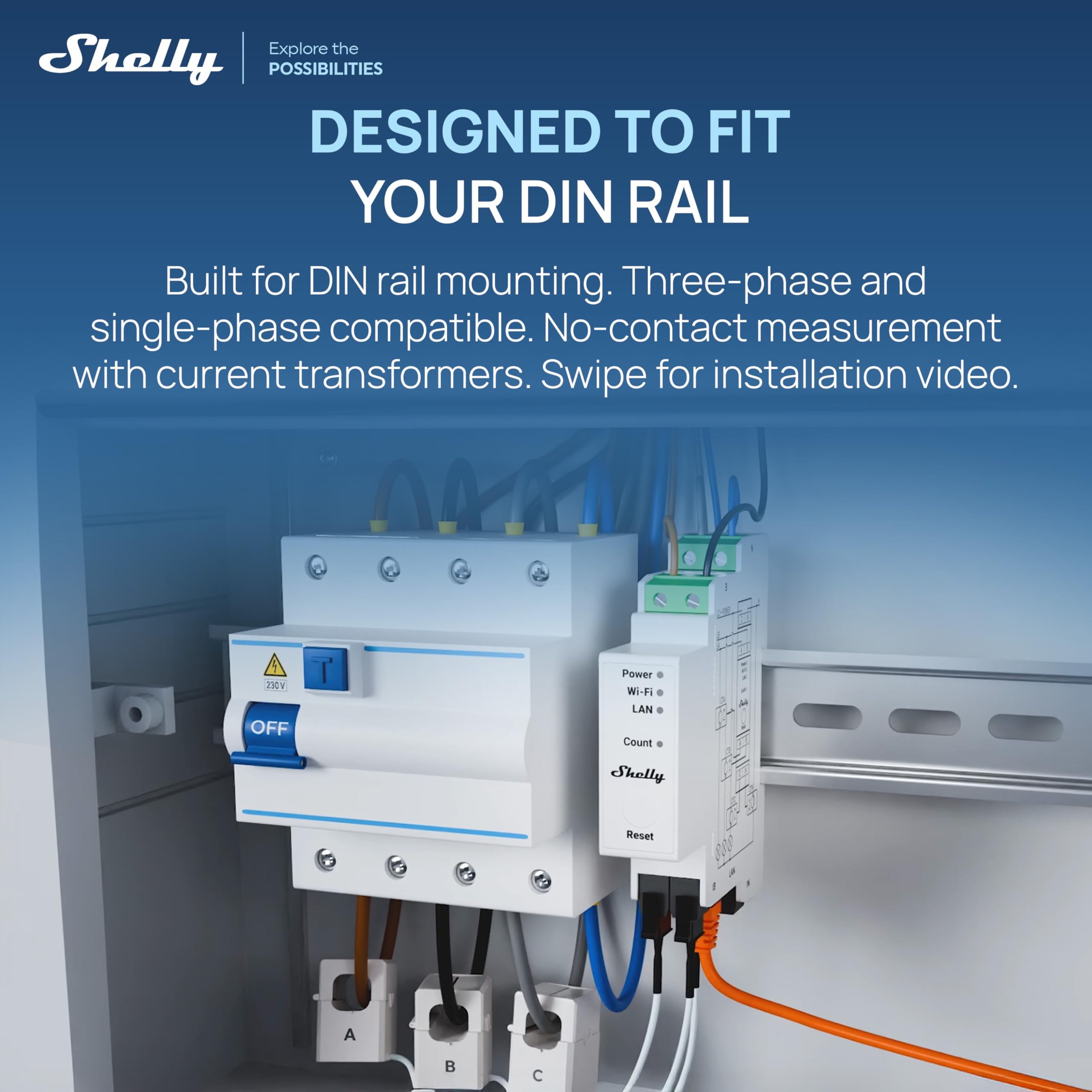 Shelly Pro 3EM (120A) V2 | WLAN & LAN DIN-Schiene 3-Phasen Energiezähler | Echtzeit-Überwachung | kein Relais-Schalter | Kein Hub Erforderlich | Solarpanels | PV-Systeme | Wirkenergie der Klasse B