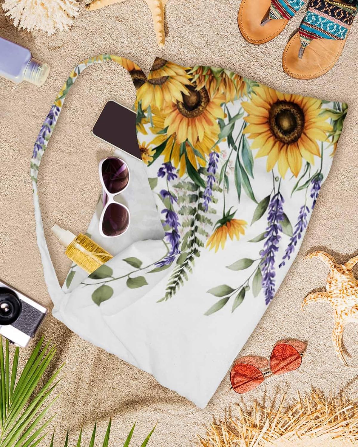 Spring Summer Flowers Beach Pool Patio Lounge Chaise Chair Cover Towel With Pockets,Absorbent & Quick Dry Microfiber Towel Cover Bag Summer Sunbathing Accessories Sunflower Lavender Eucalyptus White