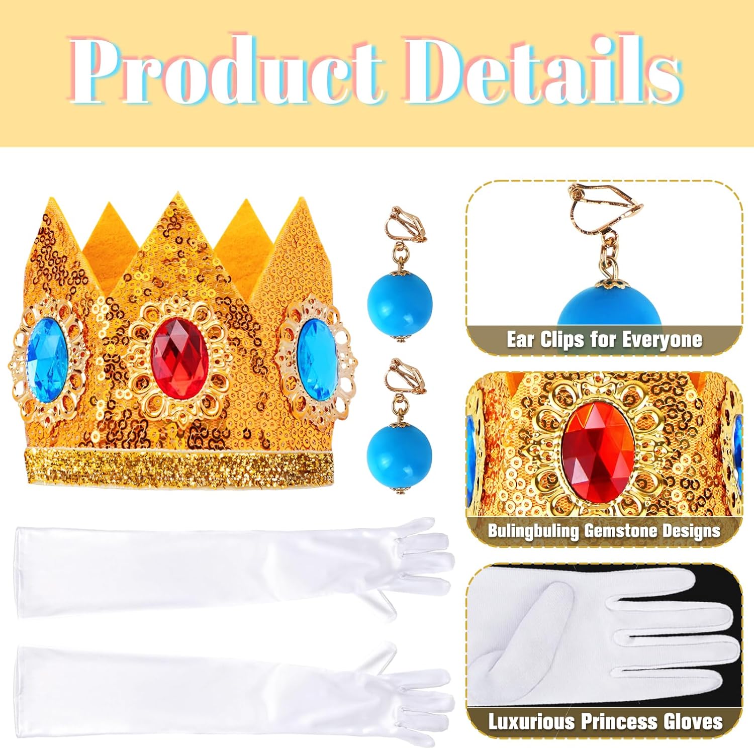 Princess Costume Accessories, 4 PCS Set of Princess Crown/Earrings/Gloves/Brooch Dress up for Women Girls - Image 3