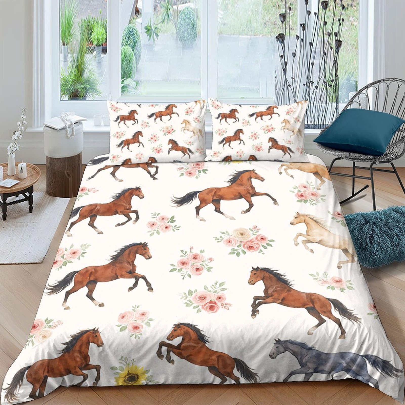 GPLZQXKJNH 3D Printed Horse Floral Duvet Cover Microfiber Soft Breathable Animal Bedding Set with 2 Pillowcases for Bedroom Decor Single（135x200cm）