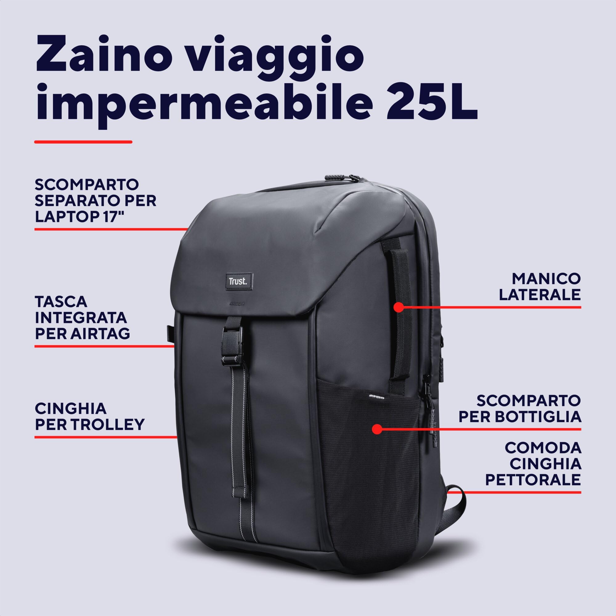 Trust Jersey Zaino per Laptop 17 Pollici, Zaino da Ufficio Uomo 25 Litri | Porta PC Realizzato in Plastica Riciclata, Borsa da Cabina per Viaggi Lavoro Scuola Affari Sport, Nero