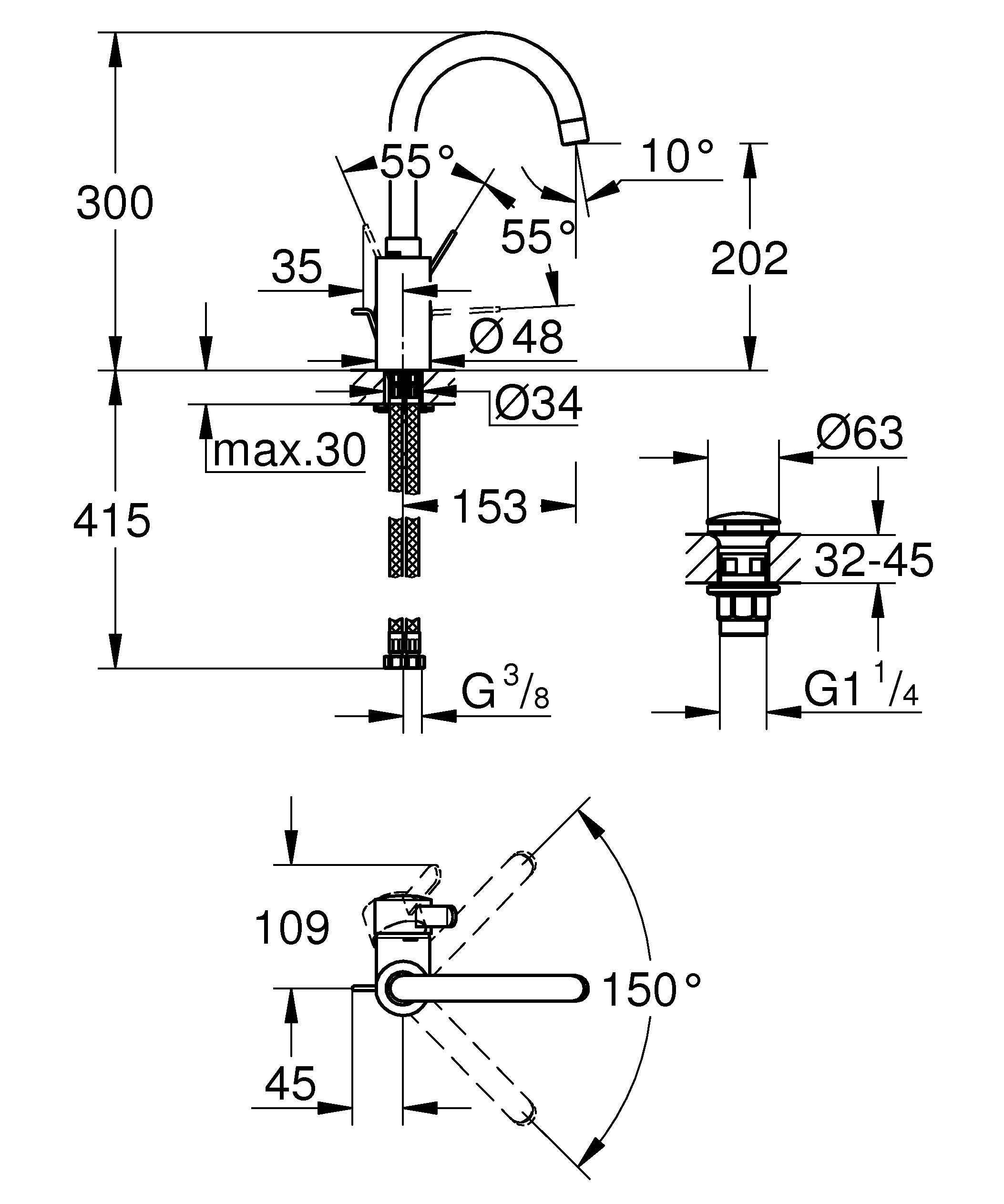 Grohe Eurosmart Cosmopolitan - Grifo monomando para lavabo, DN 15, tamaño L, cromo, palanca metálica, (1/2") (Ref. 23933001)