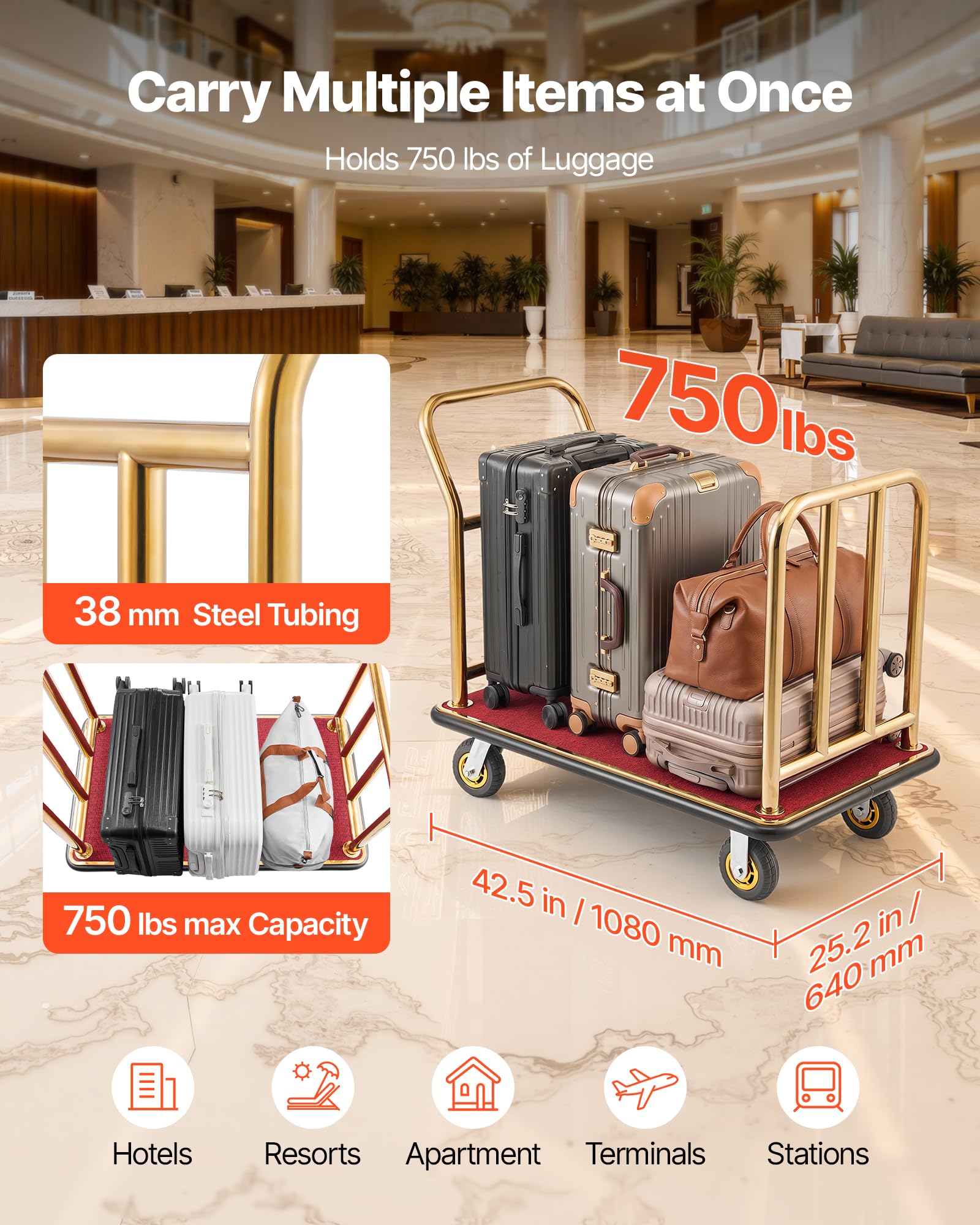 VEVOR Chariot à Bagages d'Hôtel, Charge Max. 340,19 kg, Chariot Porte-Bagages pour Hôtels et Complexes Hôteliers, avec Cadre en Acier Inoxydable, Roues en Caoutchouc 152 mm, Plateau Moquetté Rouge, Or