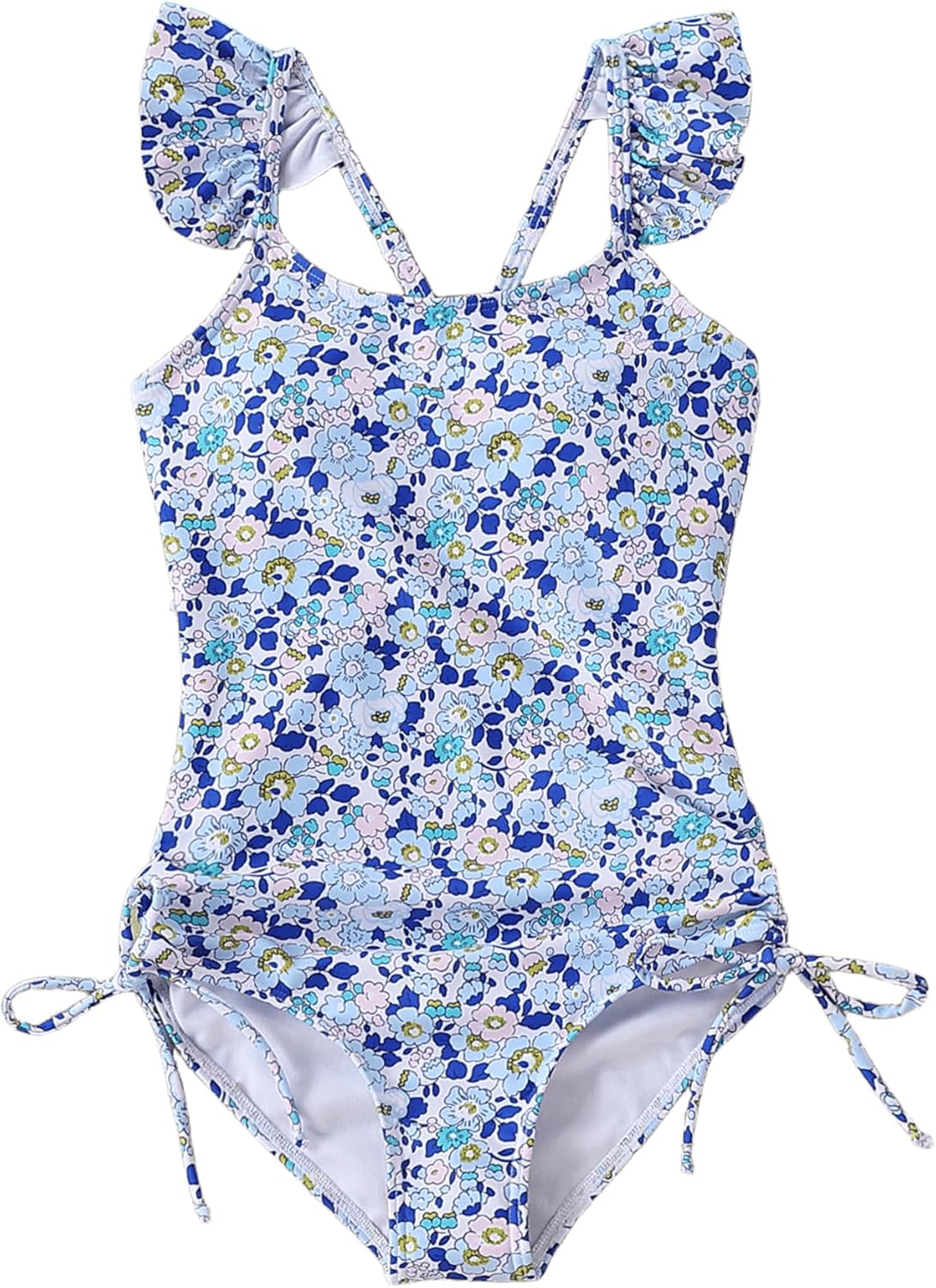 Girls Swimsuit Floral One Piece Bathing Suit Ruffle Strap Swimwear Drawstring Swimsuits for Teens 5-14Y with Padded