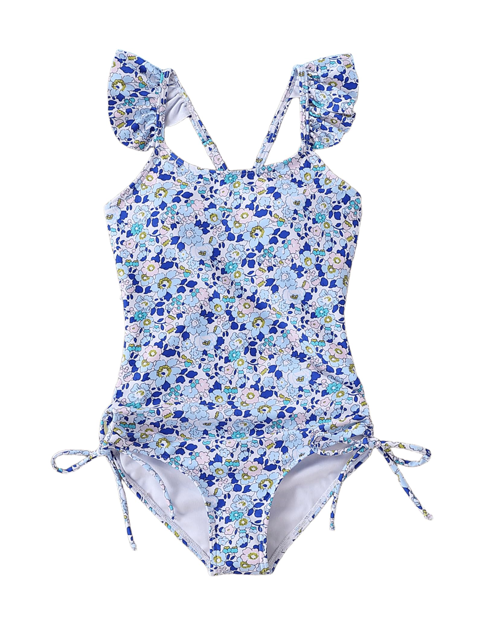 Photo 1 of EDFTM Little Girls Floral One Piece Swimwear Bow Tie Side Spaghetti Strap Swimsuits Floral Blue 5-6 Years