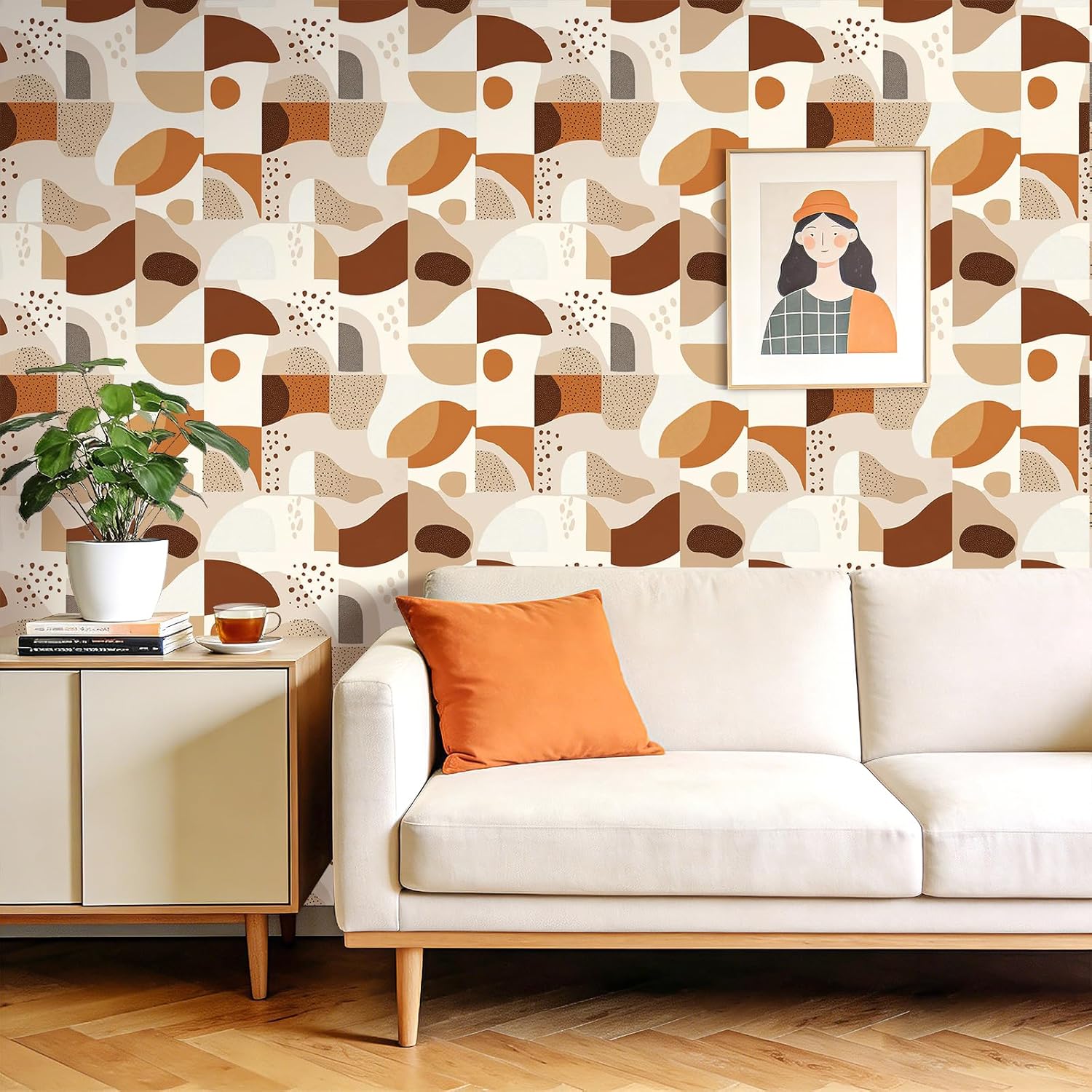 ReWallpaper Mid Century Modern Peel and Stick Wallpaper Removable Beige Brown Terracotta Geometric Abstract Wallpaper for Living Room Bedroom Office Feature Wall Statement Easy Install 17.5in x 23ft