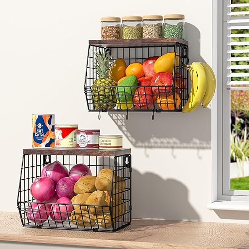 2 Tier Fruit Bowl Fruit Basket for Kitchen Counter Stackable Wall Mounted Hanging Basket Wire Baskets with Wood Lid with 4 Banana Hanger Hooks,
