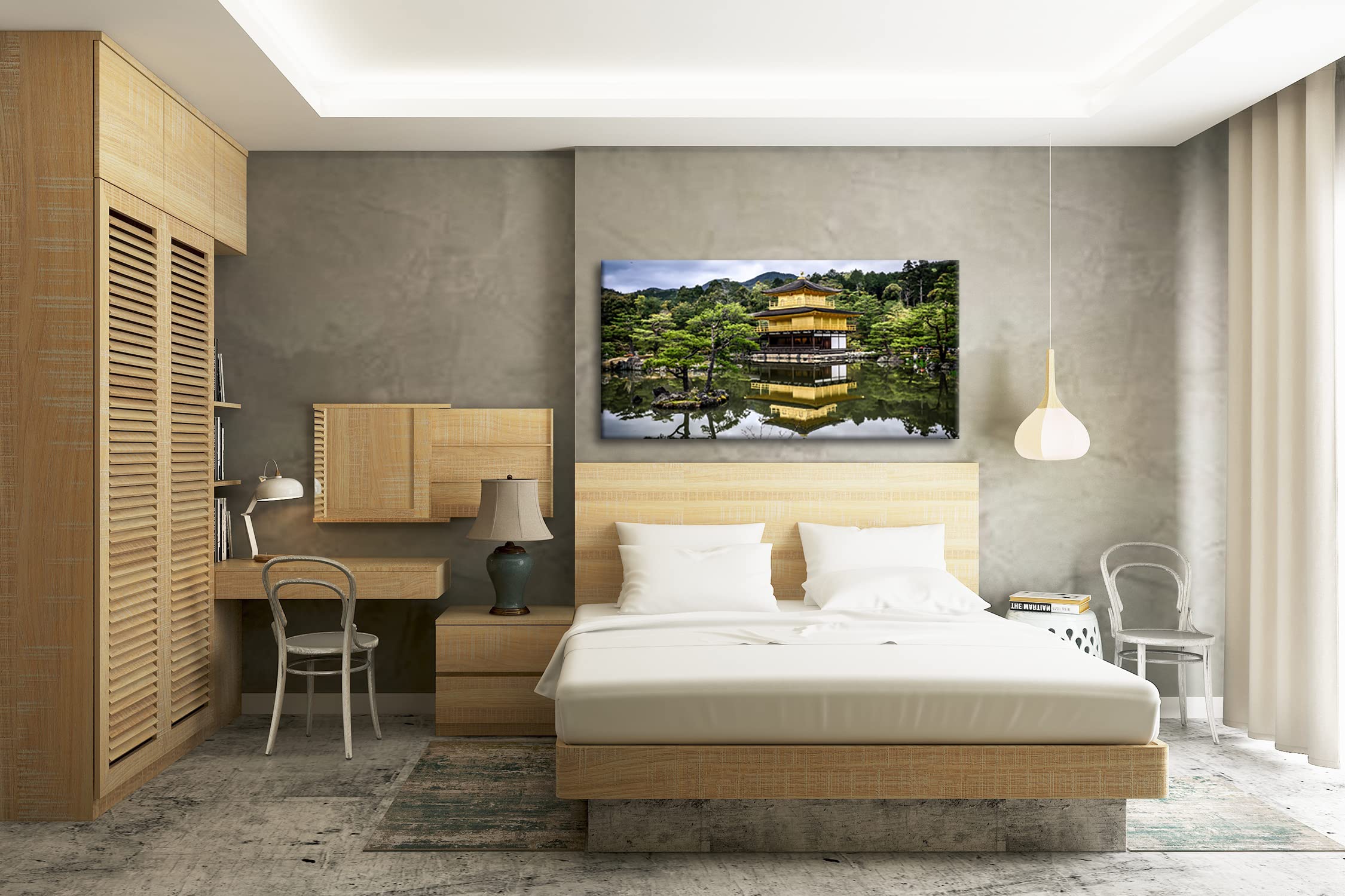Świątynia i ogród japońska panorama 80 x 40 cm jako obraz na płótnie, motyw oprawiony na ramie z prawdziwego drewna, wysokiej jakości druk cyfrowy z ramą