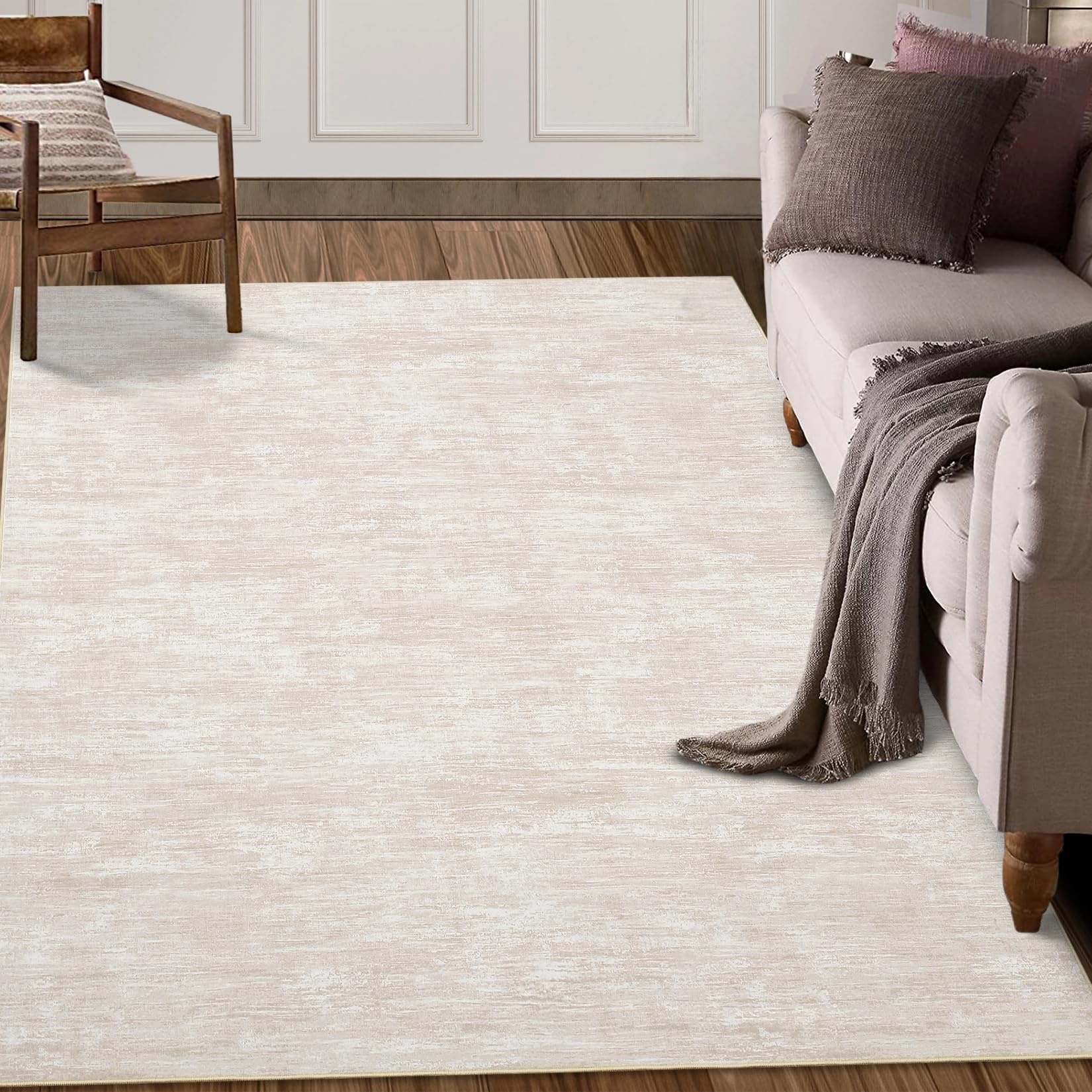 LuxFocus Modern Teppich Wohnzimmer 120x170cm, Waschbar Schlafzimmerteppich mit einfarbigen Texturmustern, rutschfest Faltbare Teppiche für Büro Esszimmer, Beige
