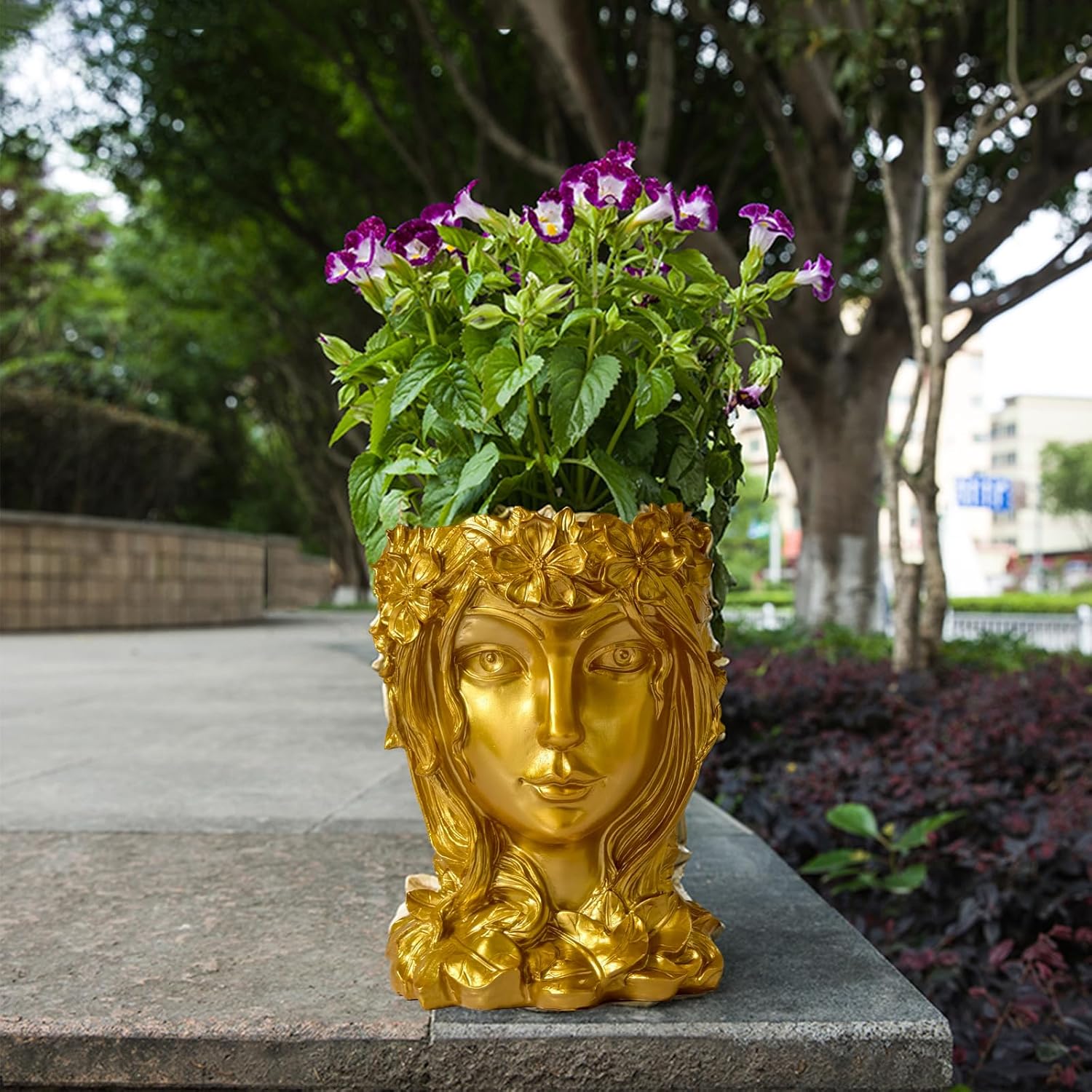 Face Flower Pot Head Planter with Drainage Hole - Cute Resin Goddess Face Planter for Indoor & Outdoor Use (Goddess Golden, Large)