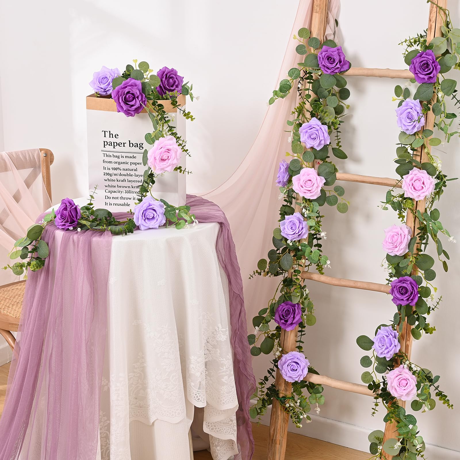 Livole Lot de 2 guirlandes de Fleurs d'eucalyptus artificielles de 2,5 m à Suspendre pour Mariage, Centre de Table, fête, Arche, cérémonie, Toile de Fond (Violet)