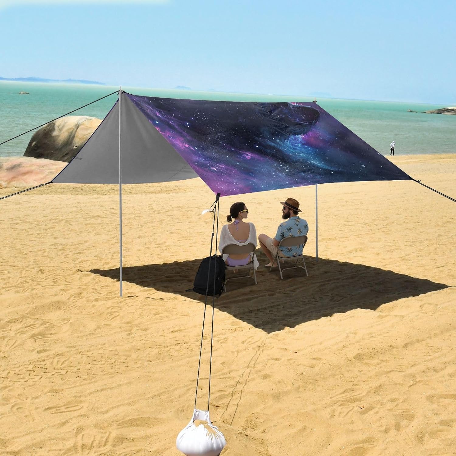 ALAZA Black Cat Galaxy Nebula Beach Tent Sun Shelter UPF50+ Protection Beach Shade Canopy w/ 4 Sandbags for Outdoor Camping, Fishing, Backyard Fun, Picnic, 10x9 ft