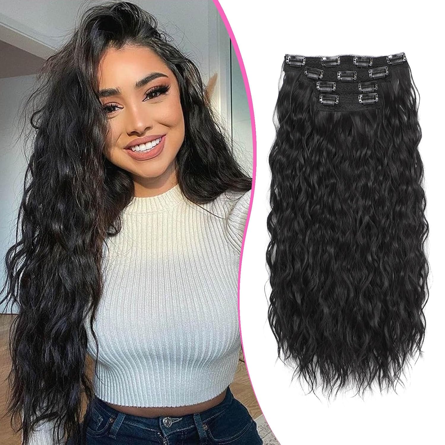 4Pcs Clip in Hair Extensions 20inch Wavy Curly Natural Black Hair Extensions Clip ins Thick Full Head Hairpieces Invisible Soft Lace Clip in Hair Extensions for women