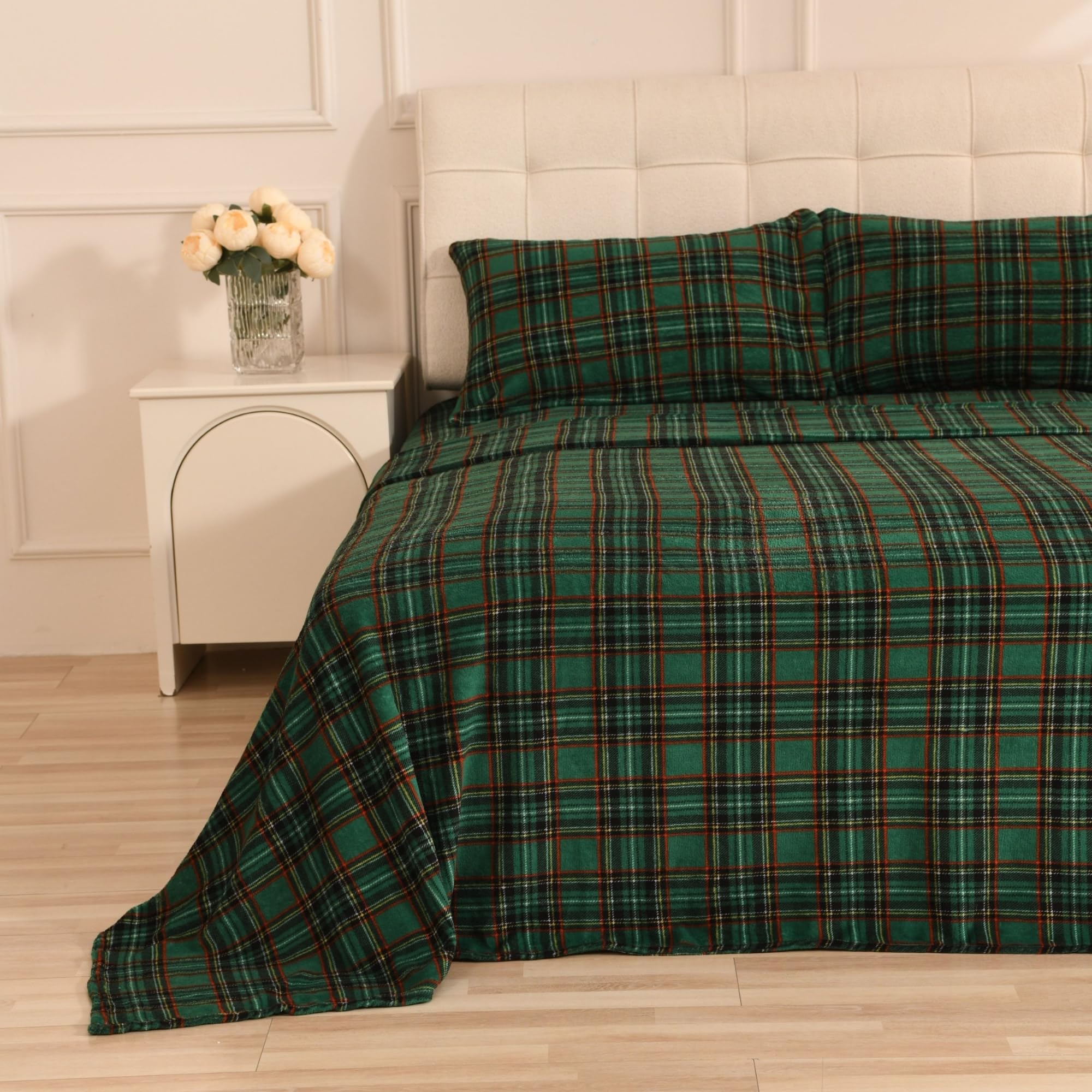 Completo lenzuola matrimoniale in pile caldo e morbido plaid