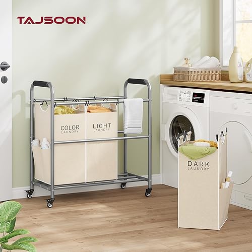 Miniatura 2 de Tajsoon - Carrito clasificador de ropa de 3 bolsas, cesta clasificadora de ropa con ruedas con bloqueo resistente para almacenamiento de ropa, Beige