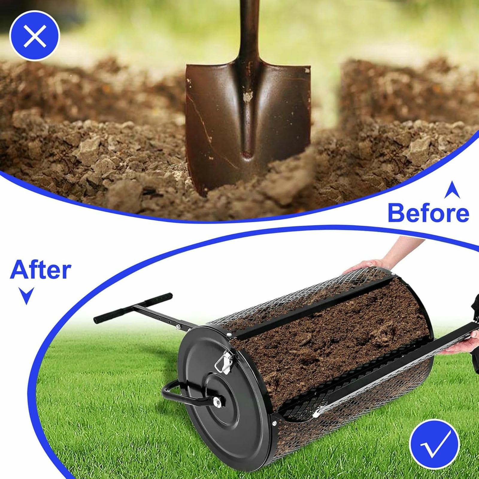 Distribuidor de Compost, Distribuidor de turba, Distribuidor de Malla metálica Ligero y Duradero para césped y jardín