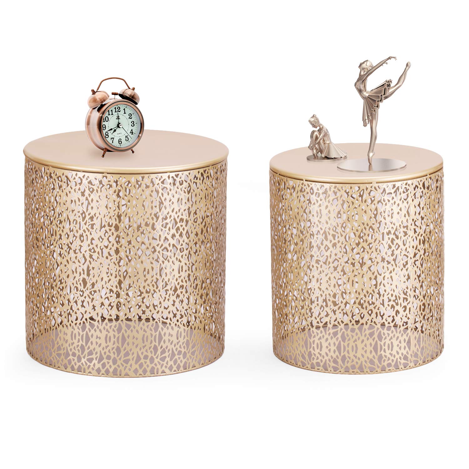 Adeco Metal Accent Table Set of 2, Decorative Round Side End Tables Nightstands Nesting Coffee Tables Plant Stand for Living Room Bedroom Office Patio (Champagne Gold)