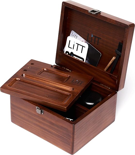 LITT - Large Stash Rolling Box  Wooden Accessory Storage Box Organizer with Built-In Rolling Tray, Storage Compartments the Ultimate Lifestyle Accessory (Brown)