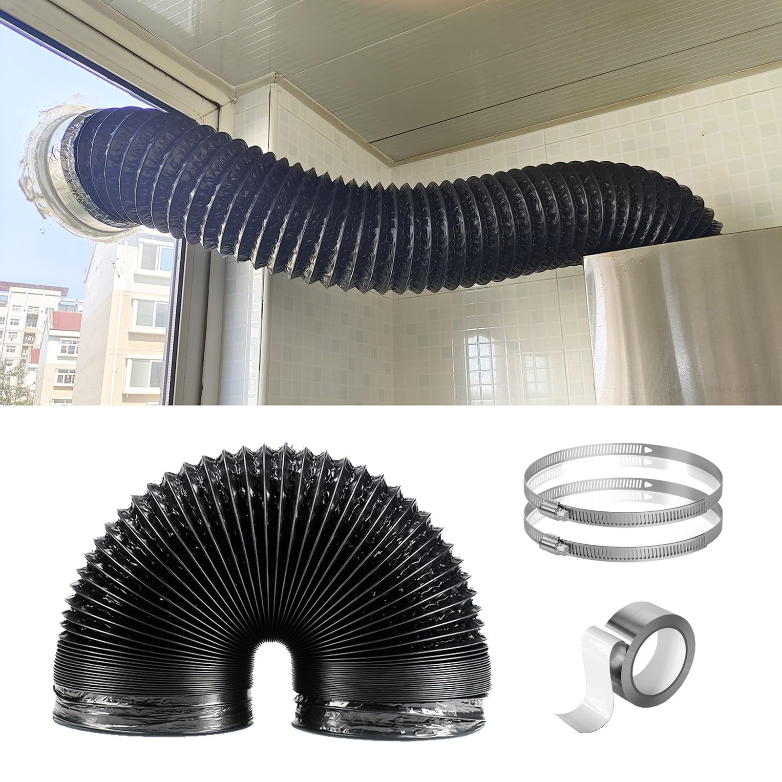 Tubo Flexible Tubo Secadora Manguera de Escape de Secadora Corta y Flexible con Abrazadera o Cinta Adhesiva, Kit de Ventilación de Manguera de Secadora para Campana Extractora, Conductos Flexibles de