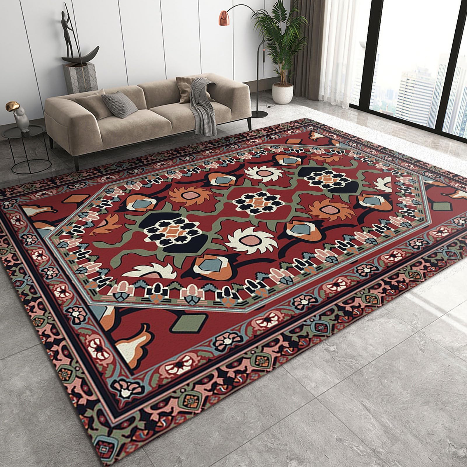 QDJKBL Area Rugs 100 x 150 cm Vintage Mid-Century Bohemian Flowers, Red Grey African Ethnic Abstract Flowers Rugs for Bedroom, Carpet Runners Pattern Clear Soft Texture for Kitchen Dining Room