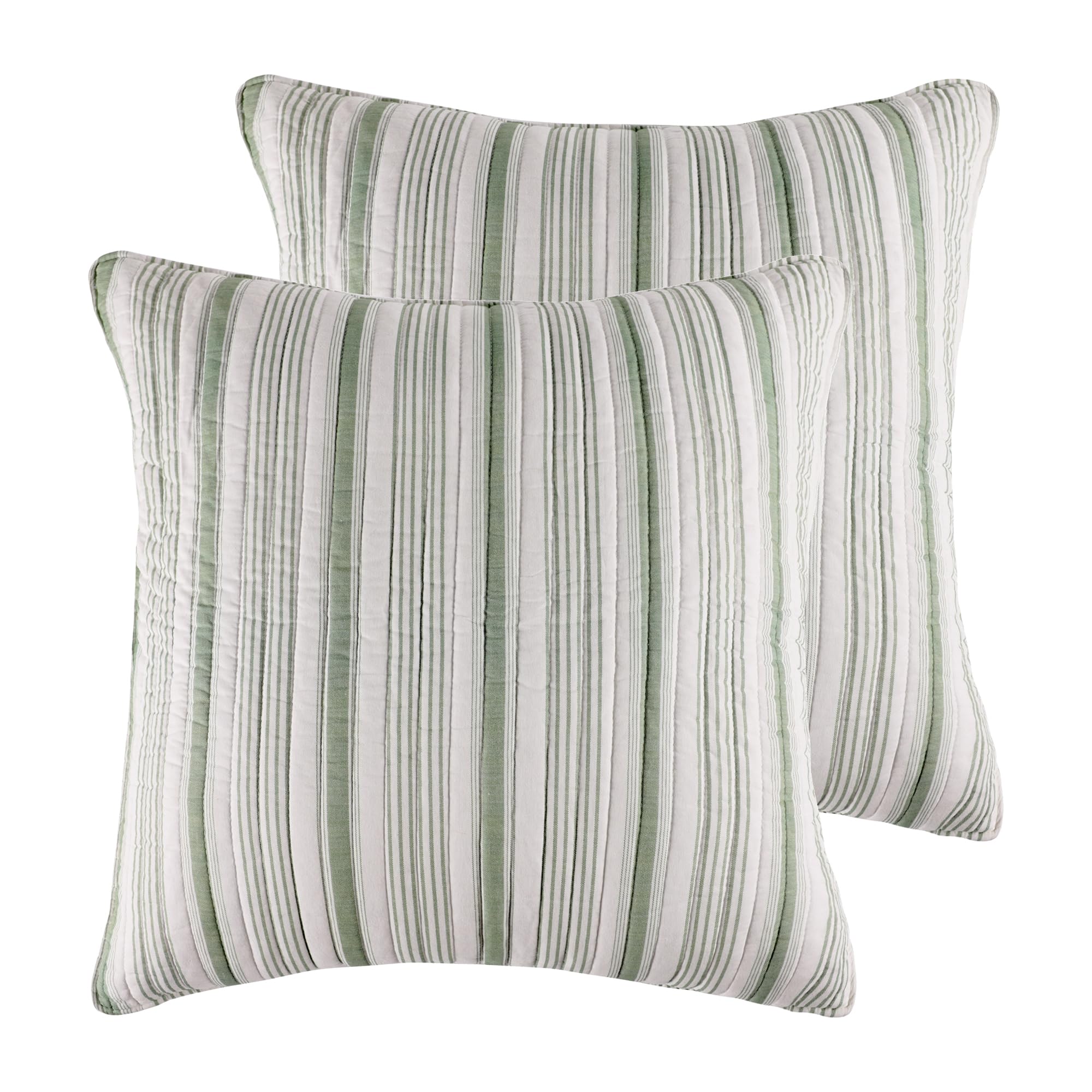 Levtex Home Camden Green Euro Sham - Set of 2 (26x26in) - No Insert - Green and Off-White - Ticking Stripe - Cotton Euro Sham - Lightweight, Soft, Pre-Washed