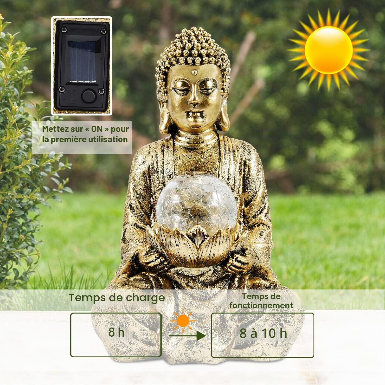 Yeomoo Statue Bouddha Zen avec Globe Solaire Décoration Jardin 26,5cm