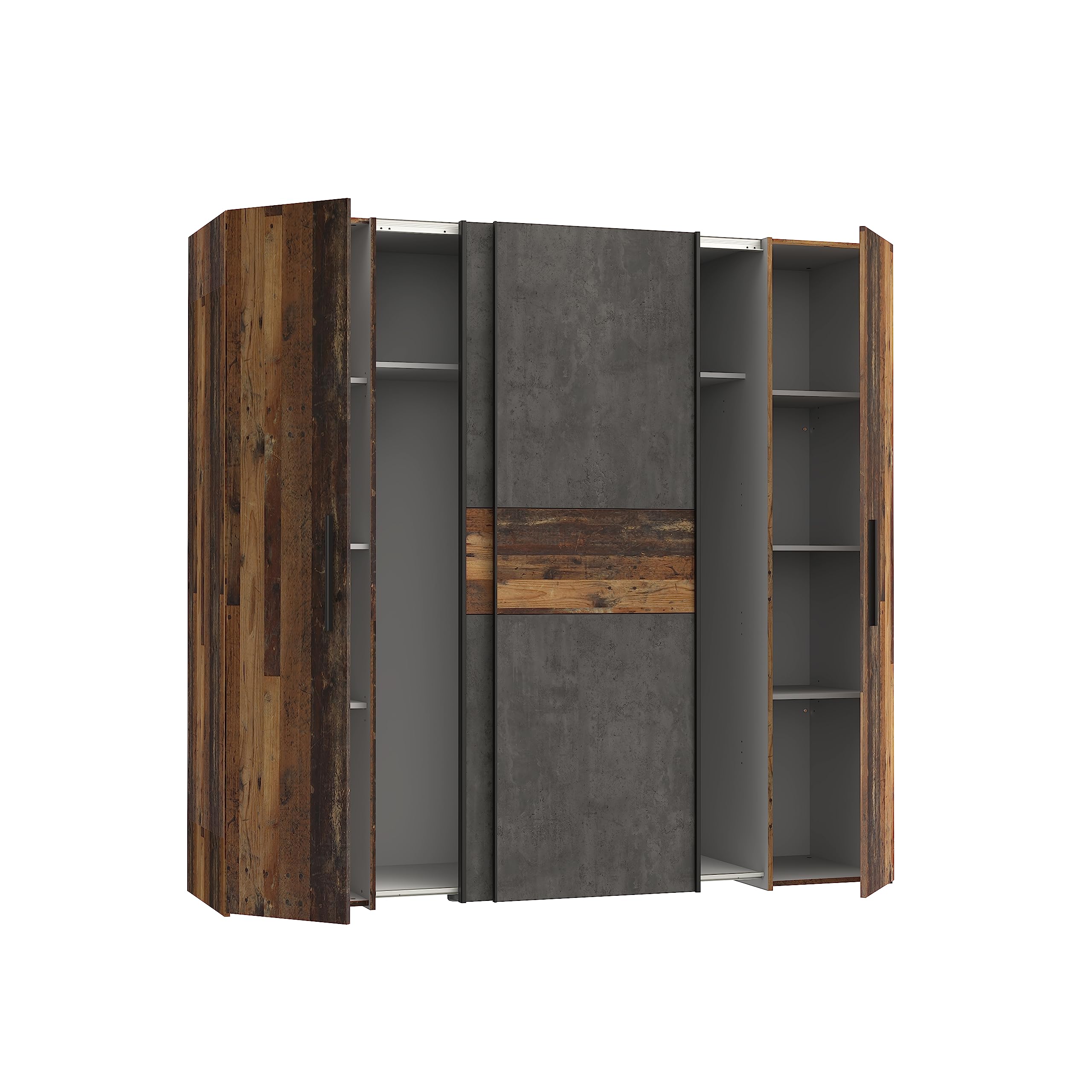 FORTE KALIXTUS Schrank 200, Kleiderschrank, Schwebetürenschrank Industrial Schlafzimmer Drehtürenschrank, 4-türig Old – Wood Vintage / Betonoptik Dunkelgrau, 200 cm breit x 190.5 cm hoch x 62 cm tief