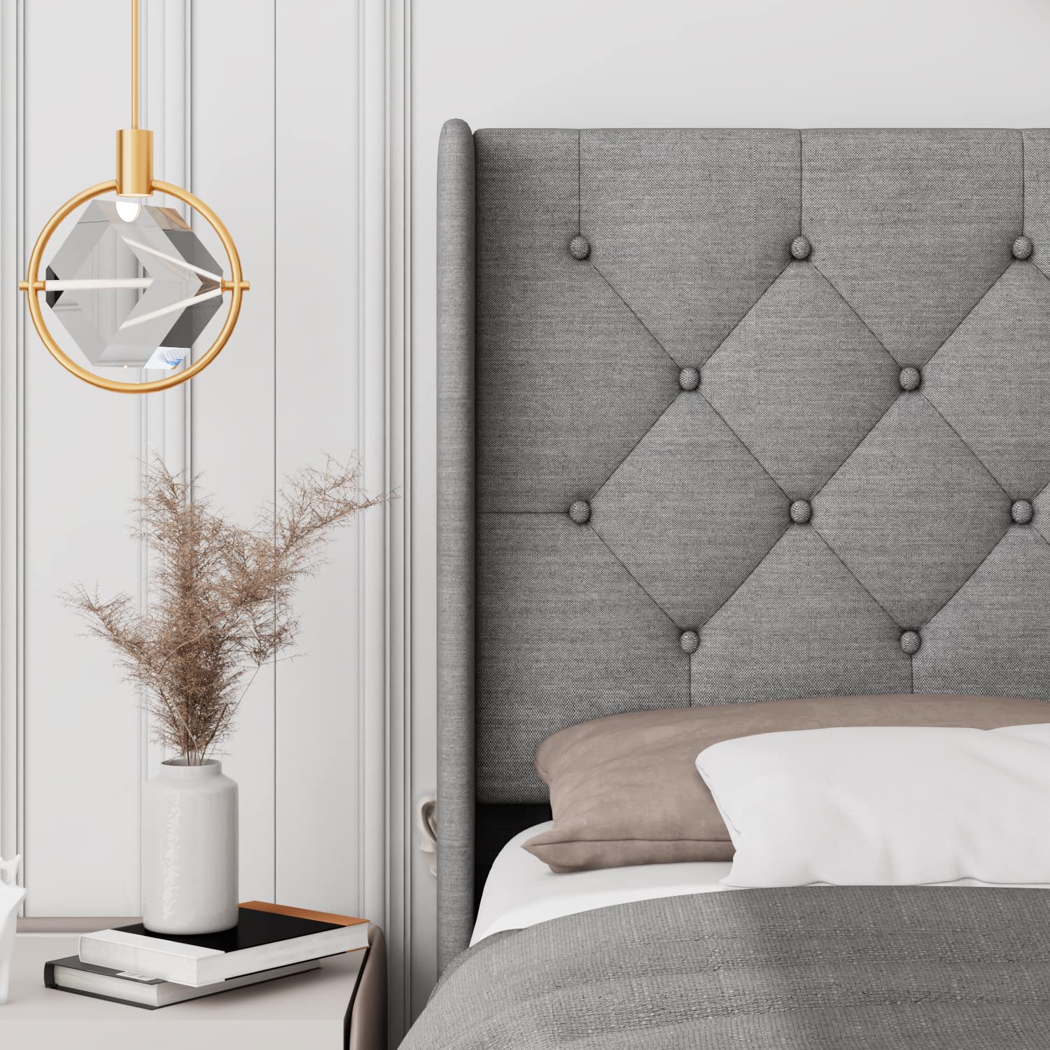 Feonase Upholstered Queen Bed Frame with Wingback, Platform Bed with Diamond Tufted Headboard, Heavy Duty Bed Frame, Wood Slat, Easy Assembly, Noise-Free, No Box Spring Needed, Light Gray (Box 1 of 2)