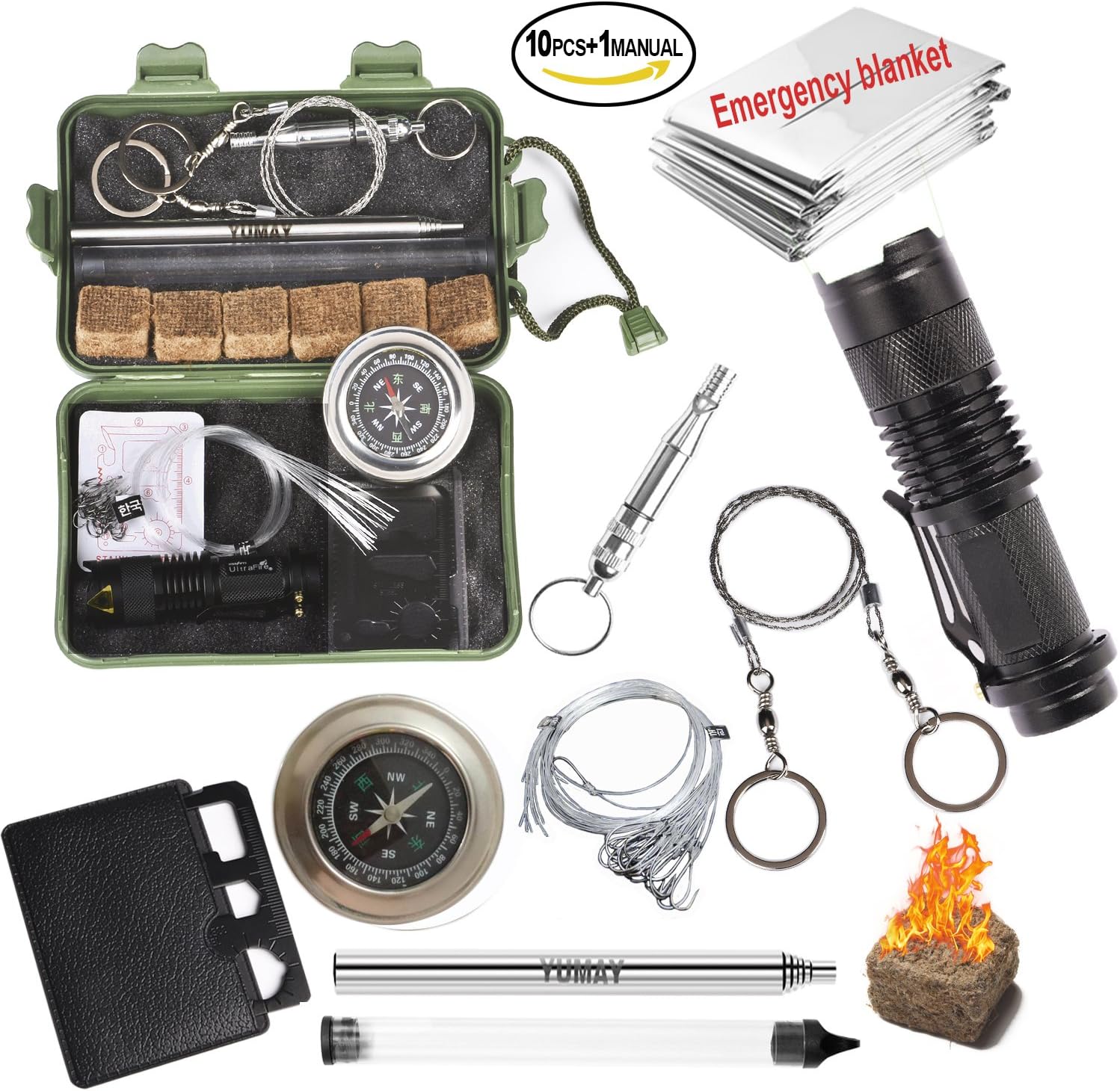 Yumay 10 in 1 Emergency Survival Kits Multi-Purpose Survial Tools Outdoor Emergency Gear Kits Campfire Tools for Camping Adventure Hunting Traveling Fishing.