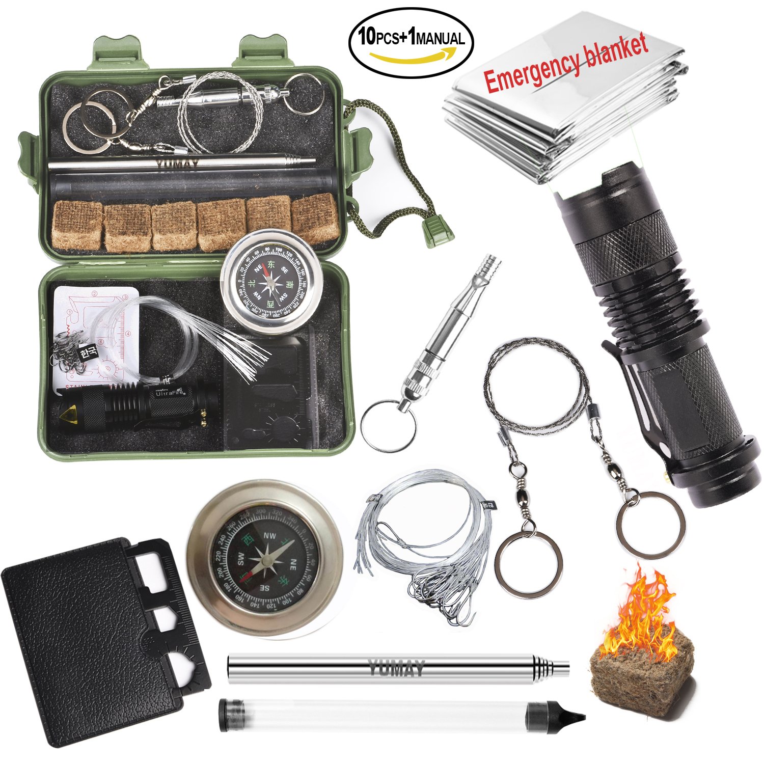 Yumay 10 in 1 Emergency Survival Kits Multi-Purpose Survial Tools Outdoor Emergency Gear Kits Campfire Tools for Camping Adventure Hunting Traveling Fishing.
