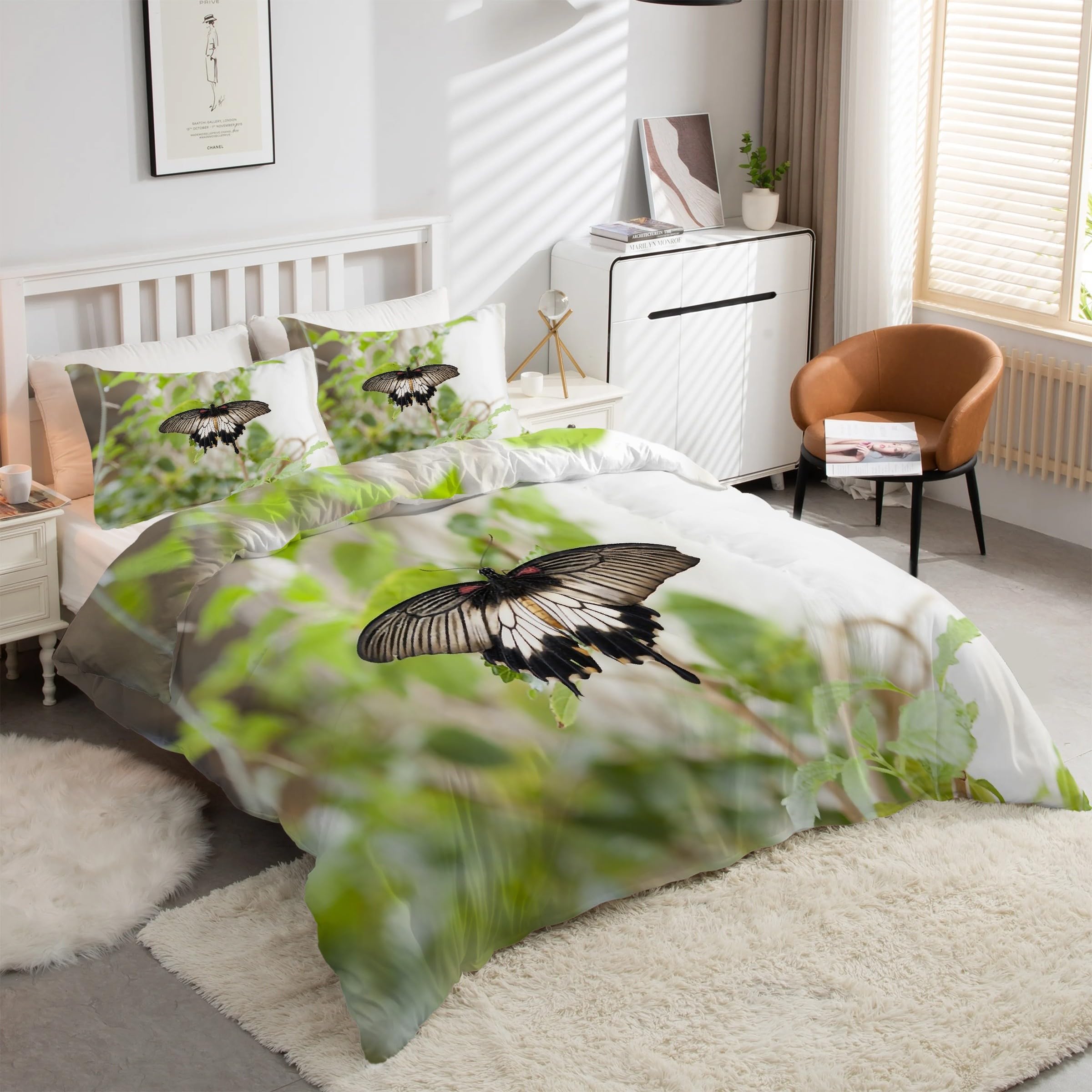 Housse de couette 200x200 cm papillon et parure de lit microfibre feuilles vertes