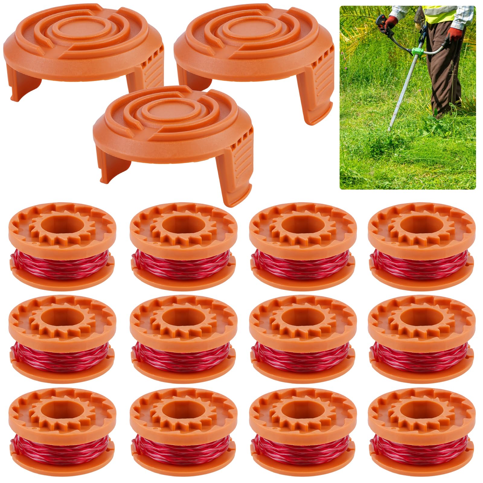 Zamienna szpula do podkaszarki do trawy Worx, wszystkie 20 V, szpula żyłki do podkaszarki, szpula zapasowa model WA0010 Ø 1,65 mm, długość 3 m (12 zapasowych szpul + 3 nasadki WA6531)