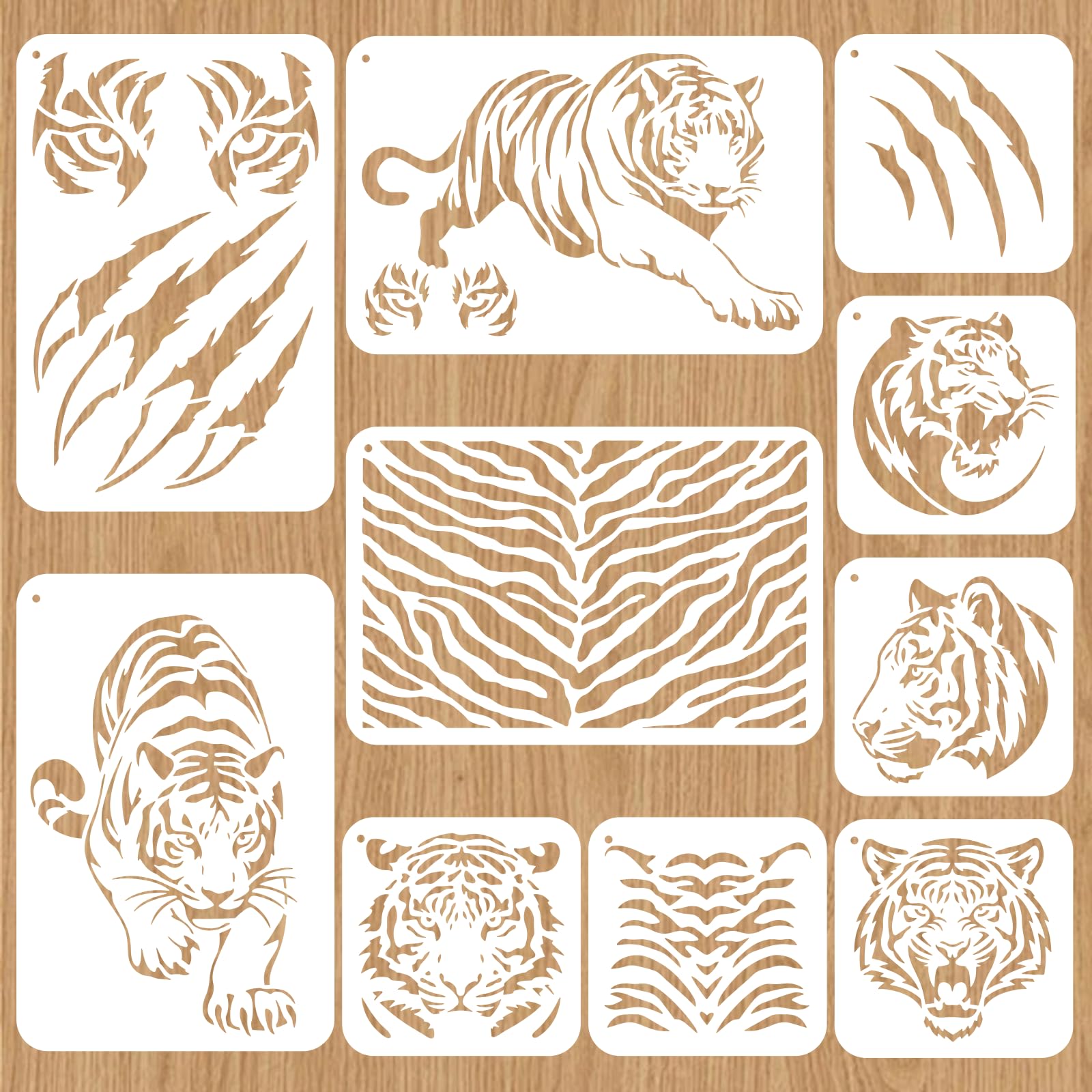 Lot de 10 pochoirs réutilisables motif tigre pour peinture, pochoirs d'art de la faune pour mur, toile, meubles, tissu et loisirs créatifs