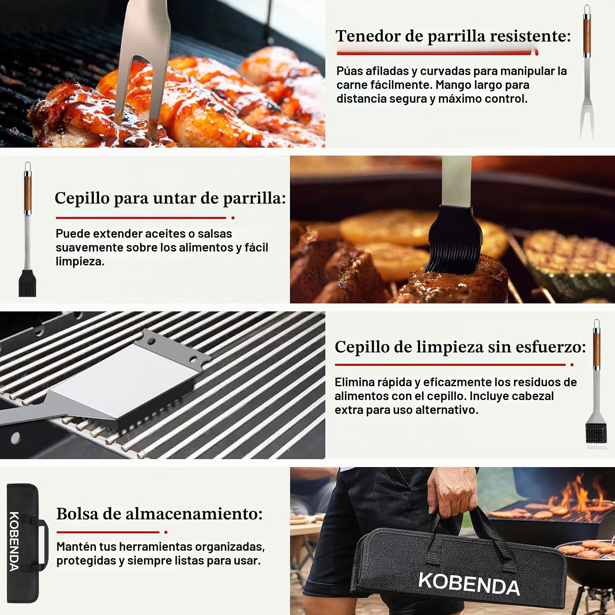Juego de 7 cubiertos para barbacoa de acero inoxidable con bolsa de almacenamiento, juego de barbacoa con asas de madera resistentes al calor, ideal como regalo de barbacoa para hombres
