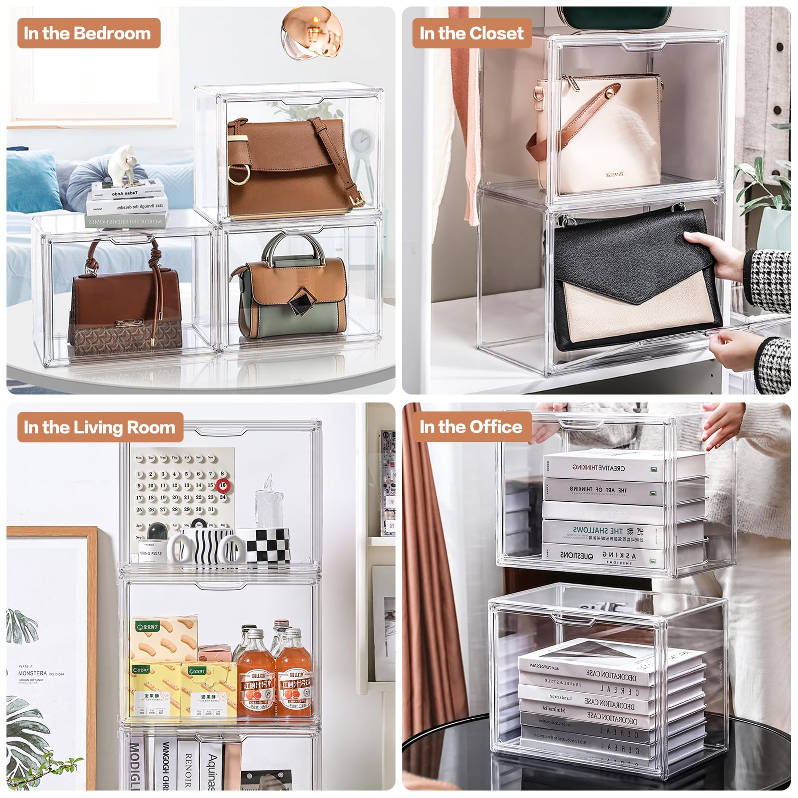 Paquete de 3 organizadores de almacenamiento transparentes para armario, vitrina acrílica para bolso, bolso de mano, organizador de bolso apilable con tapas magnéticas para cartera, libros