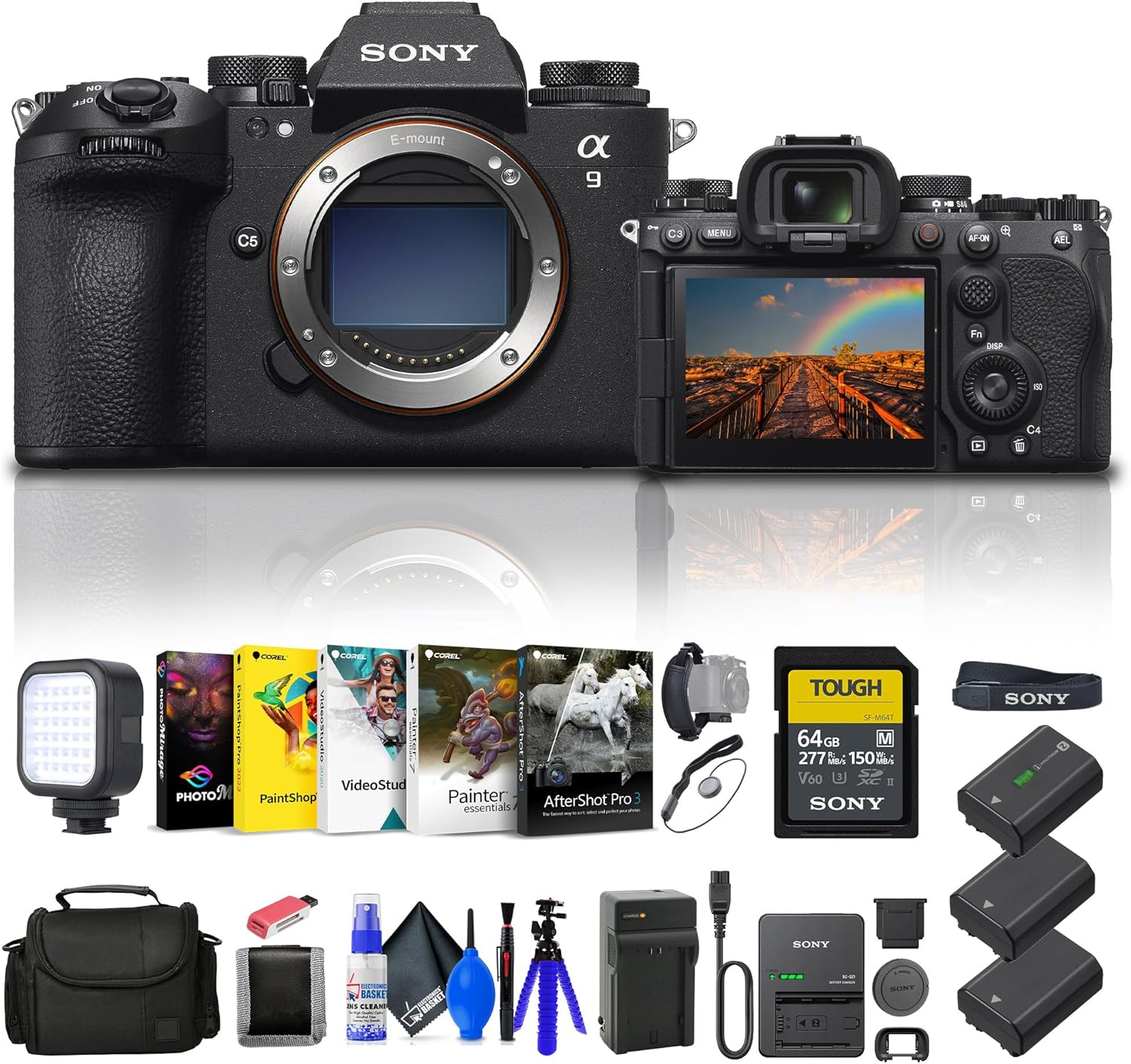 Sony Alpha a9 III Mirrorless Camera – 24.6MP Full Frame Global Shutter (ILCE-9M3) + 64GB Card + Bag + 2 x NP-FZ100 Compatible Battery + External Charger + Card Reader + LED Light + More (Renewed)