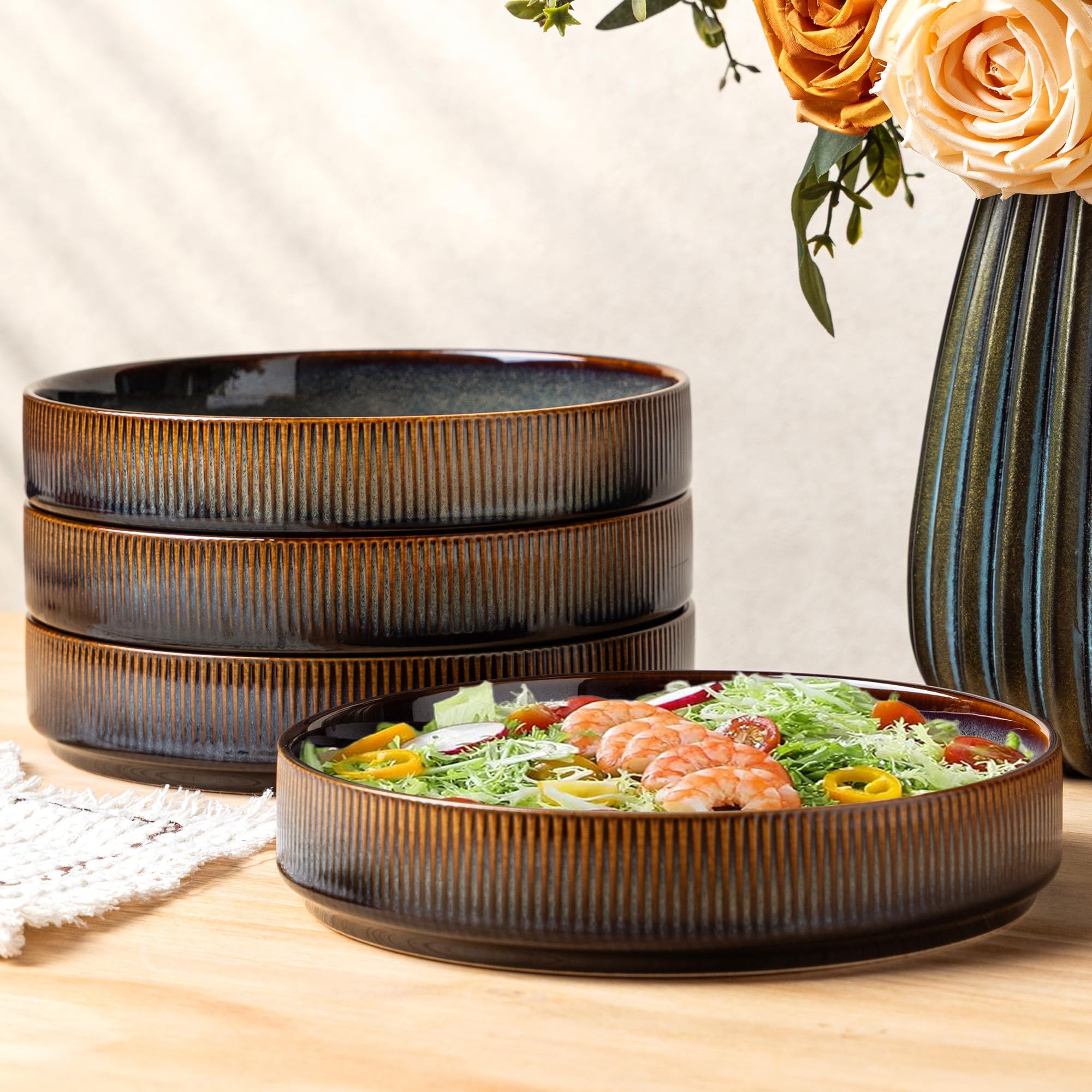 theterra Pasta Bowls Set of 4, 19cm Stoneware Salad Bowls