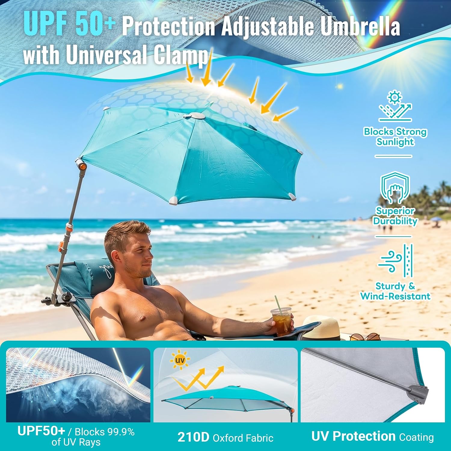 #WEJOY UPF 50+ Adjustable Umbrella with Universal Clamp 360° Full Rotation Sun Shade for Folding Chair