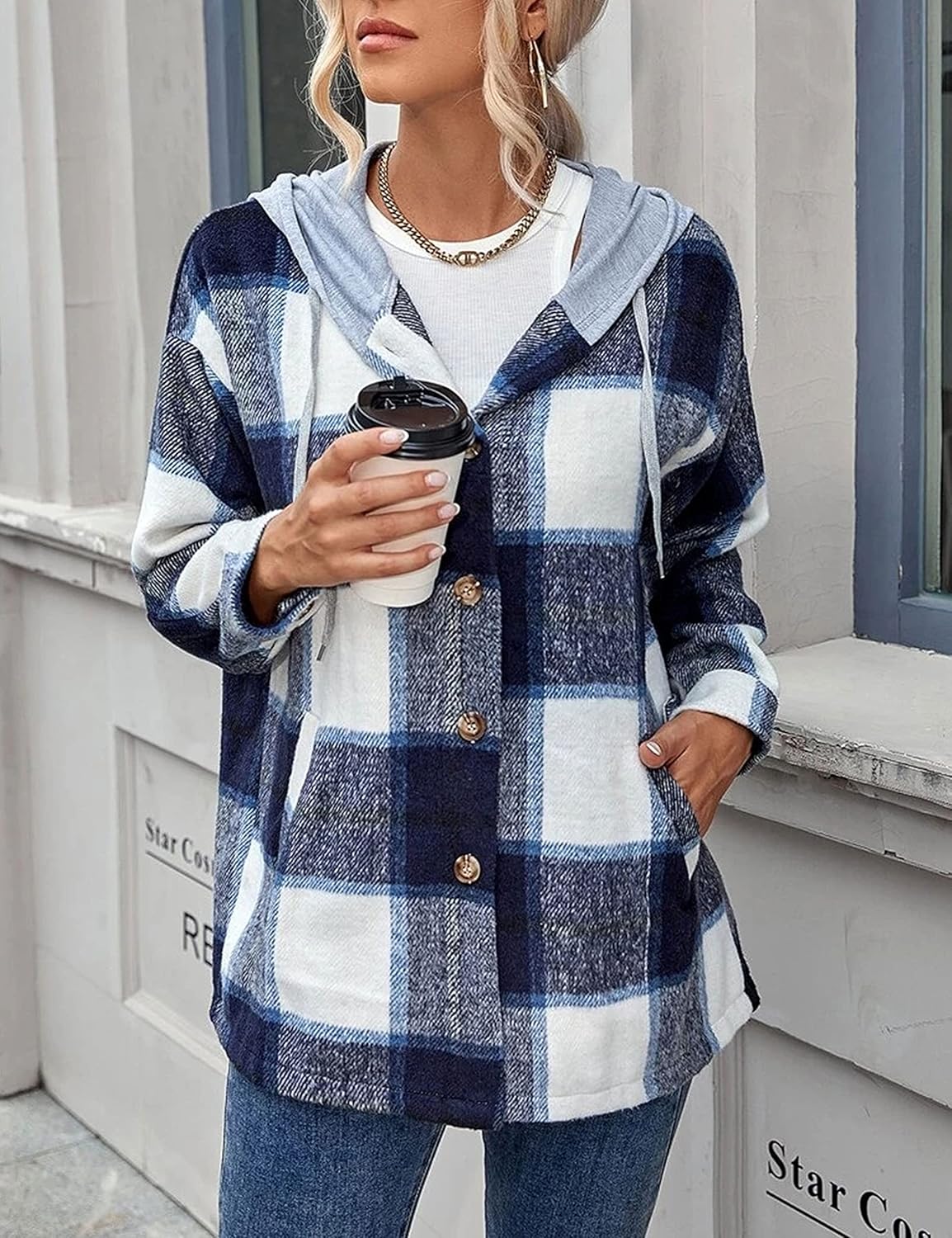 Zontroldy Womens Hooded Shacket Jacket Oversized Casual Flannel Plaid Wool Blend Button Down Shirt Coat Jackets - Image 4