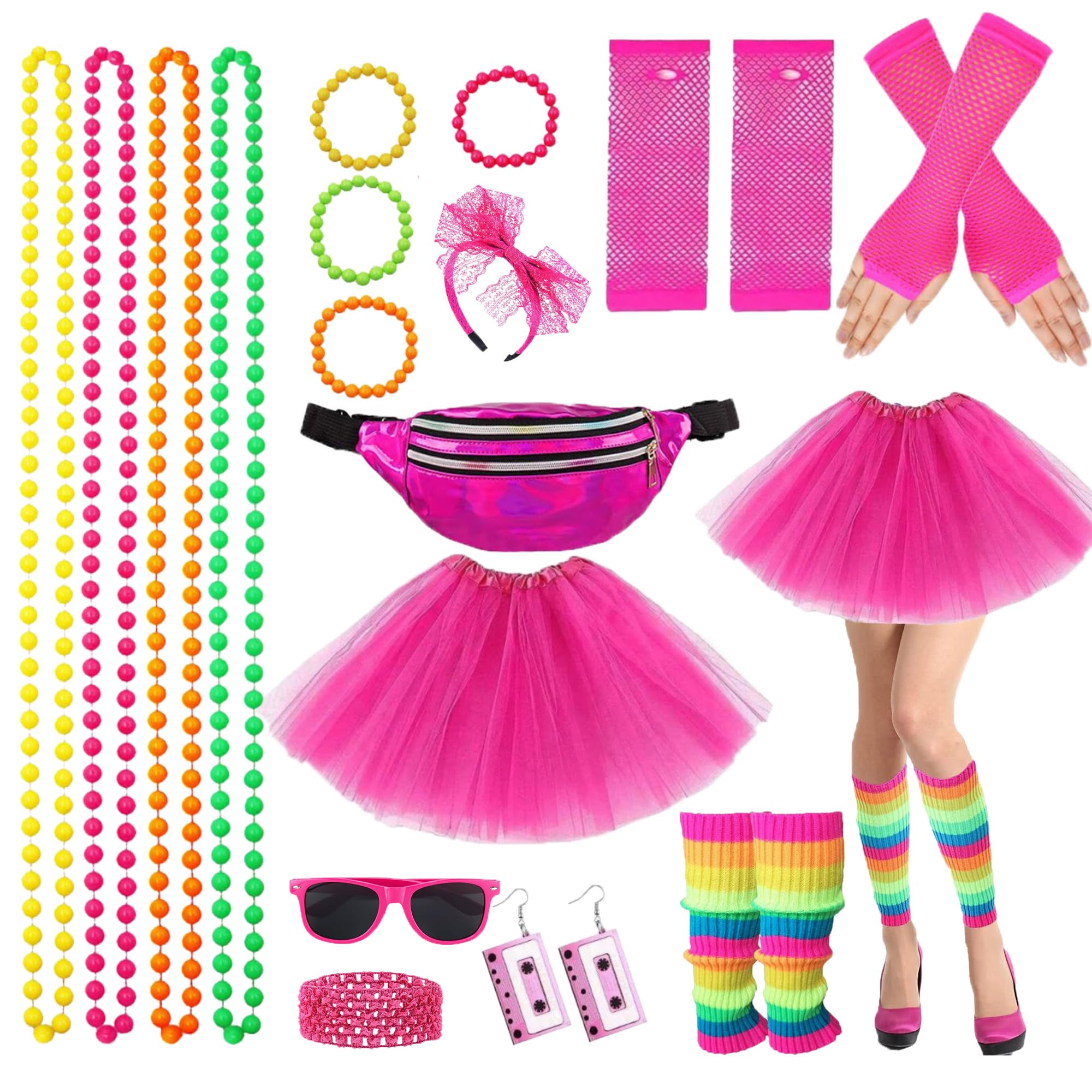 Hongleey 80s Fancy Dress for Women,1980s Fancy Party Costume Accessories Set including Tutu Skirt Leg Warmers Necklace Bracelets Fishnet Gloves 80s Lace Bow HeadbandEarrings Sunglasses