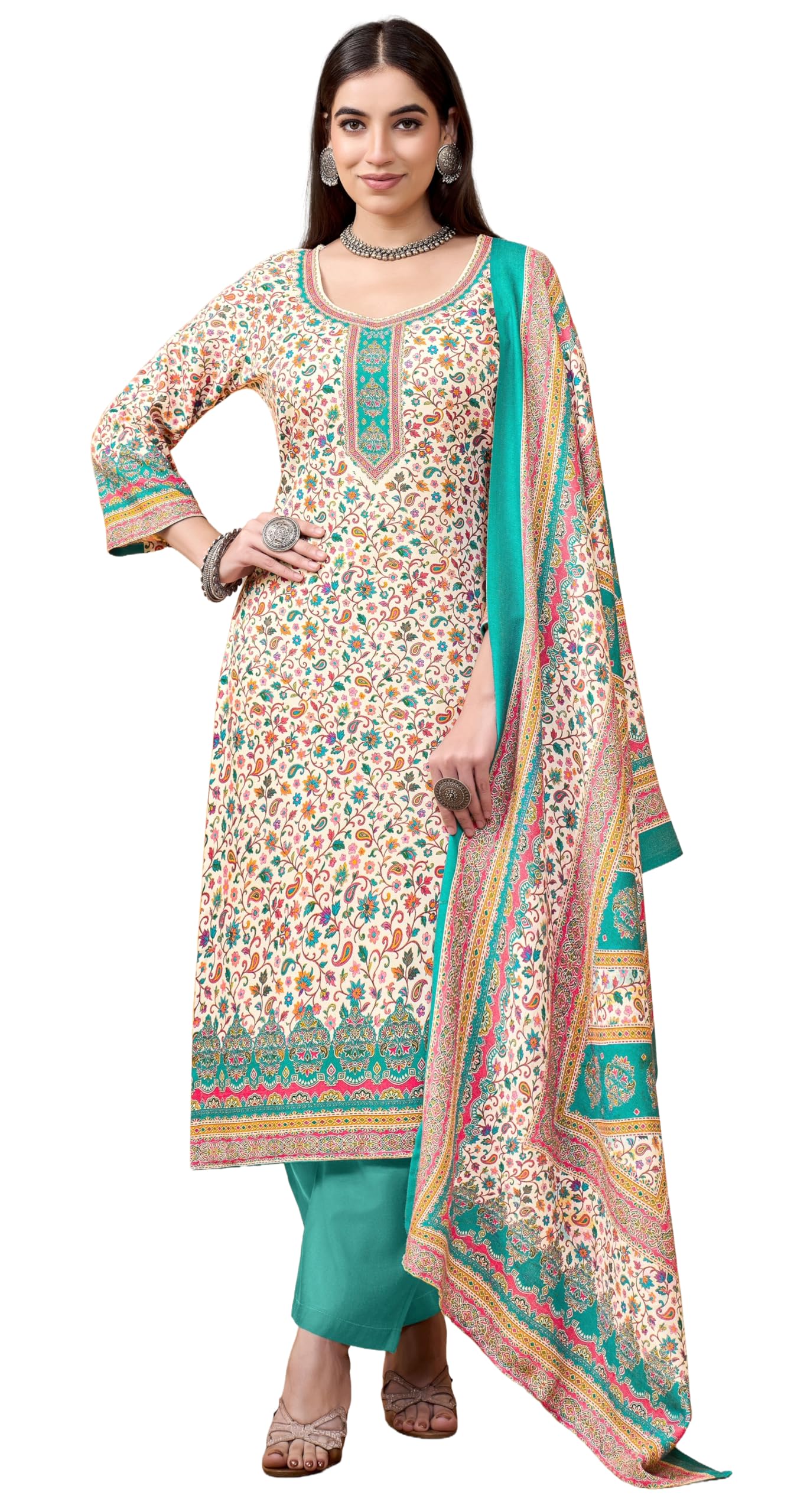 Women's Winter Wear Pure Viscose Woolen Pashmina Digital Kani Printed Swaroski Work Unstitch Salwar Suit Dress Material with Pure Digital Viscose Pashmina Woolen Warm Shawl Dupatta-image-35