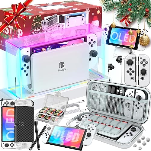 Switch OLED Accessories Bundle 25 in 1 for Nintendo Switch OLED, Gift Kit with LED Display Cover, Carrying Case, Dockable Protective Case etc, Cool