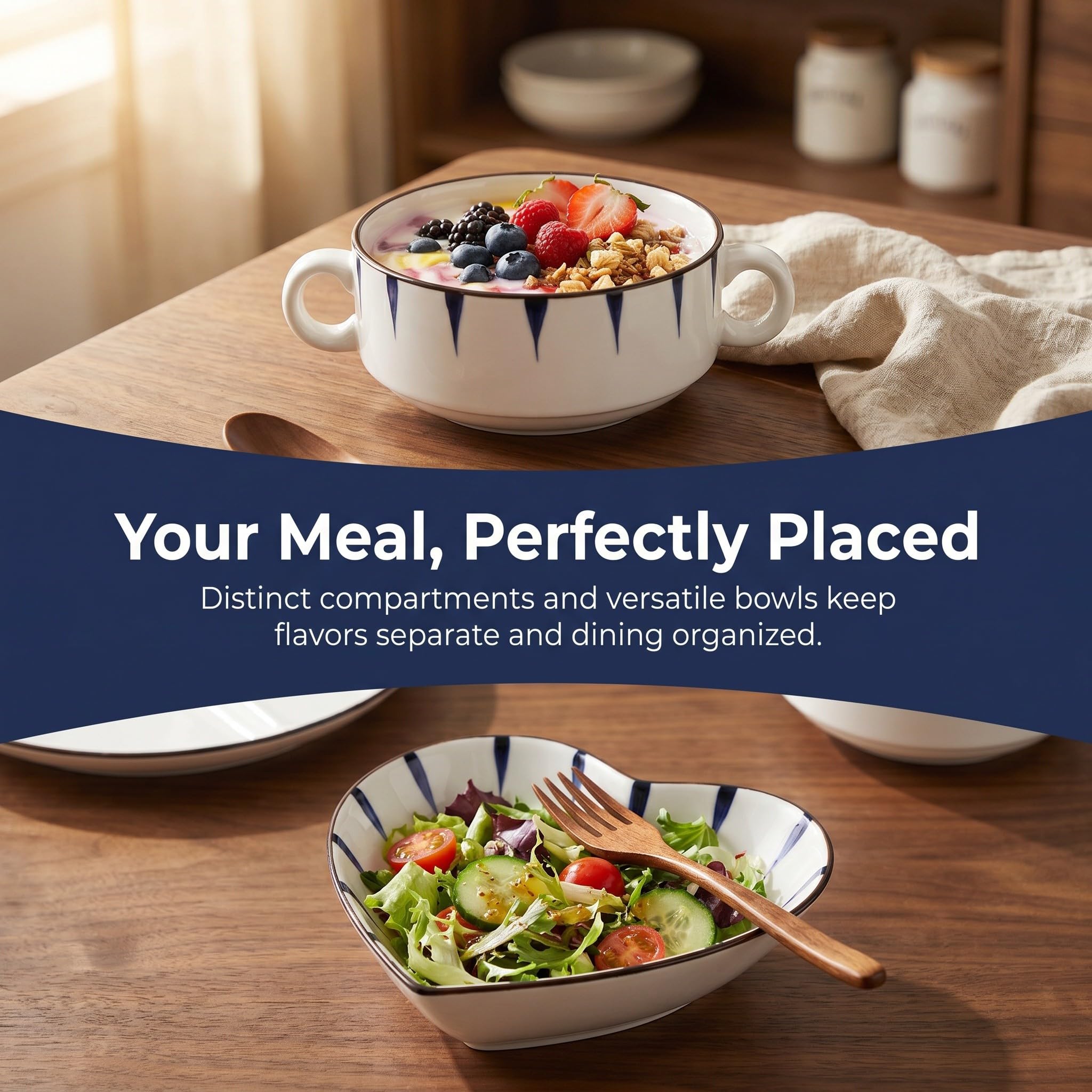 OUNONA 1 Ensemble de 3 Assiettes compartimentées de 20 cm (8 Pouces) en céramique pour Le contrôle des portions, Le Petit-déjeuner, Le déjeuner et Les salades. Compatible Micro-Ondes et