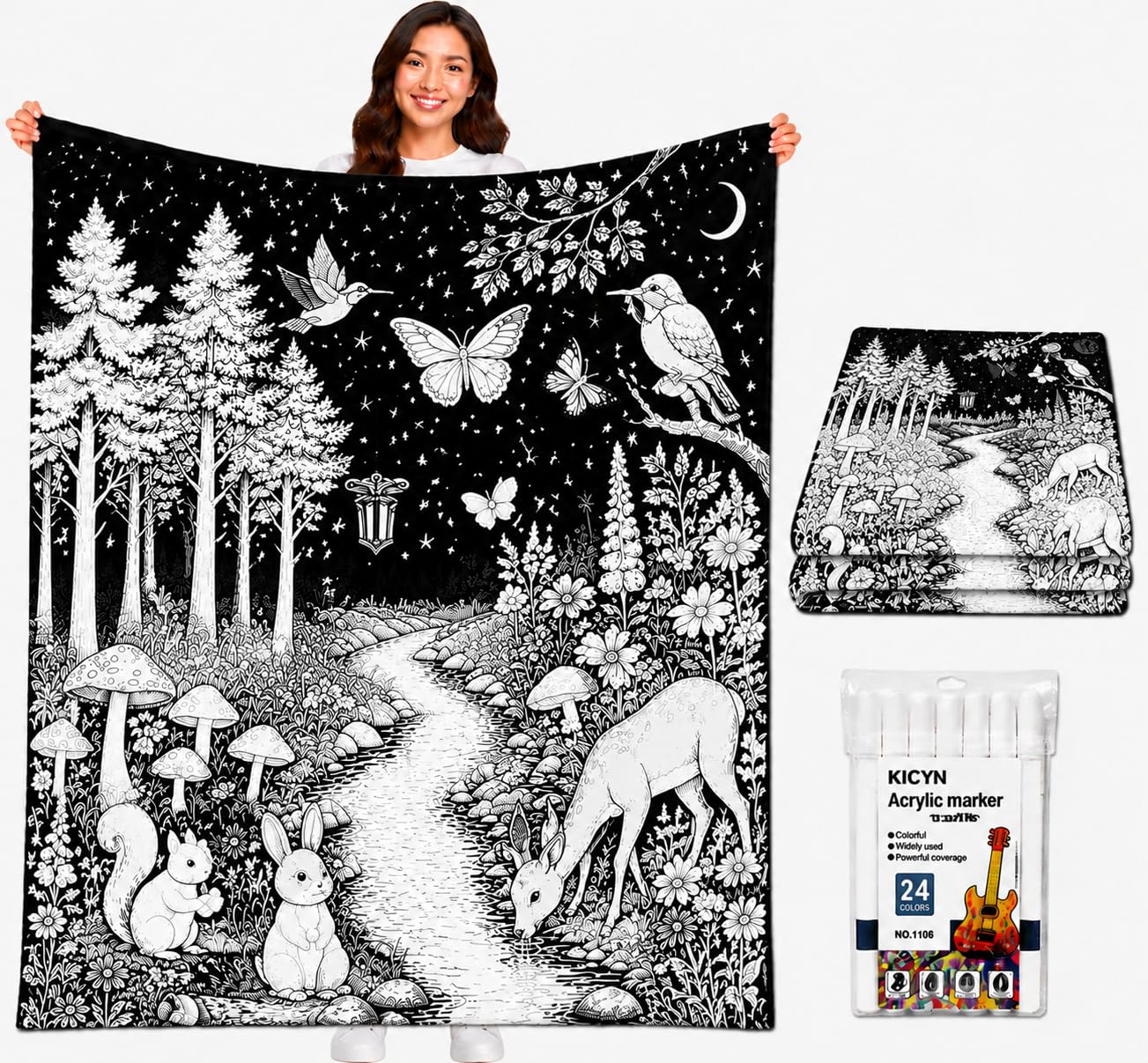 VEELU DIY Colouring Blanket with 24 Coloured Markers, Washable Colour-In Blankets for Adults, Sherpa Fleece Colouring Blanket Kit, Soft Fuzzy Velvet Creative Colour-In Throw Blanket (Mermaid)