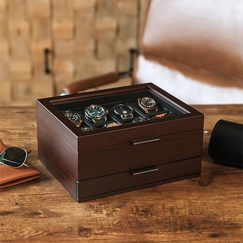Miniatura 5 de Caja organizadora de 8 ranuras para hombres, acabado de nogal de madera de cerezo, vitrina de reloj, bandeja modular de valet, compatible con Apple