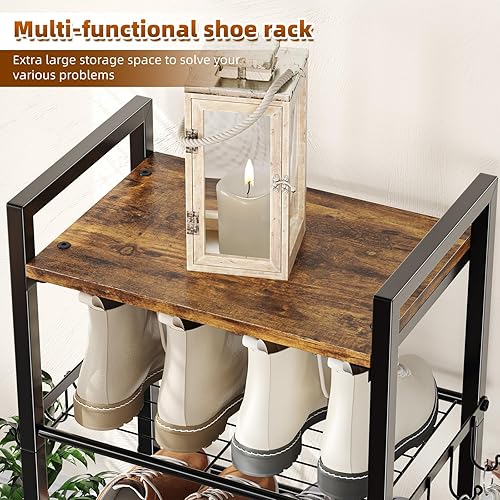 Miniatura 4 de Simple Trending Zapatero de 8 niveles, 16 pares de estantes altos de madera para zapatos con ganchos para armario, organizador de entrada, armario